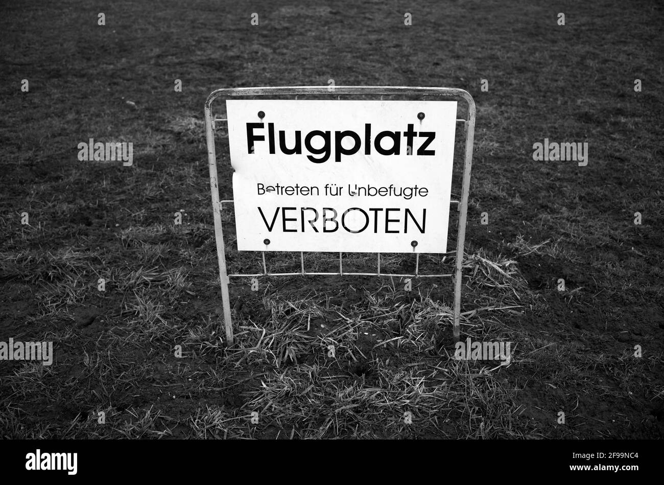 Airfield sign - NO ACCESSION FOR UNAUTHORIZED PEOPLE, Seißen, Blautal, Baden-Württemberg, Germany Stock Photo