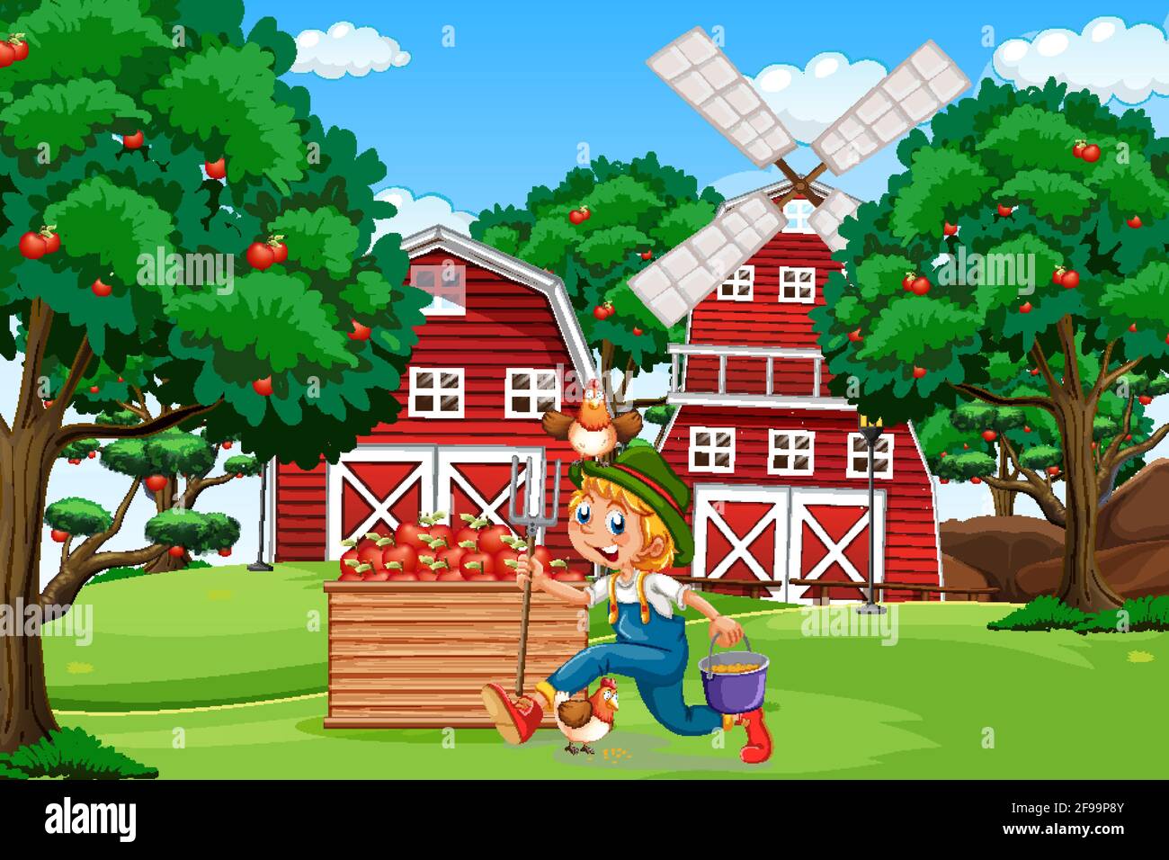 Farm scene with red barn and windmill illustration Stock Vector Image ...