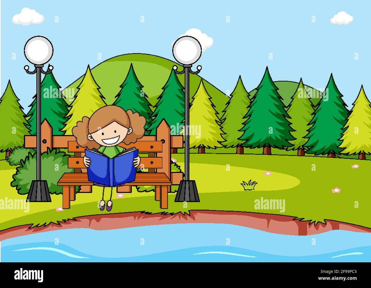 Park scene with a girl reading book sitting on bench illustration Stock ...