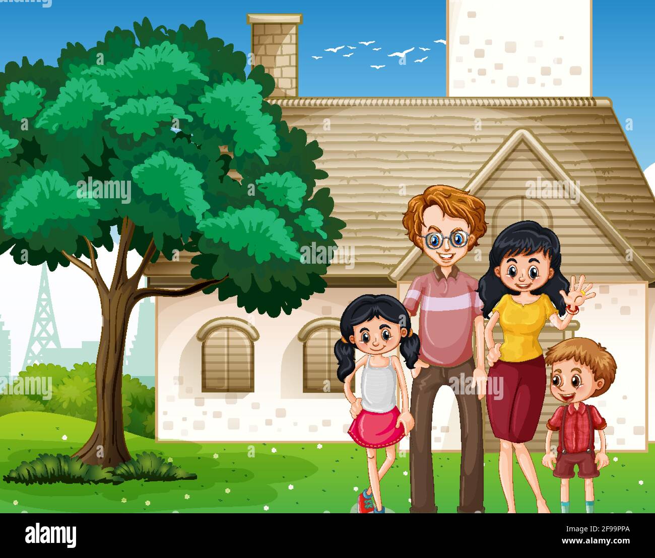 Happy family standing in front of the house illustration Stock Vector ...