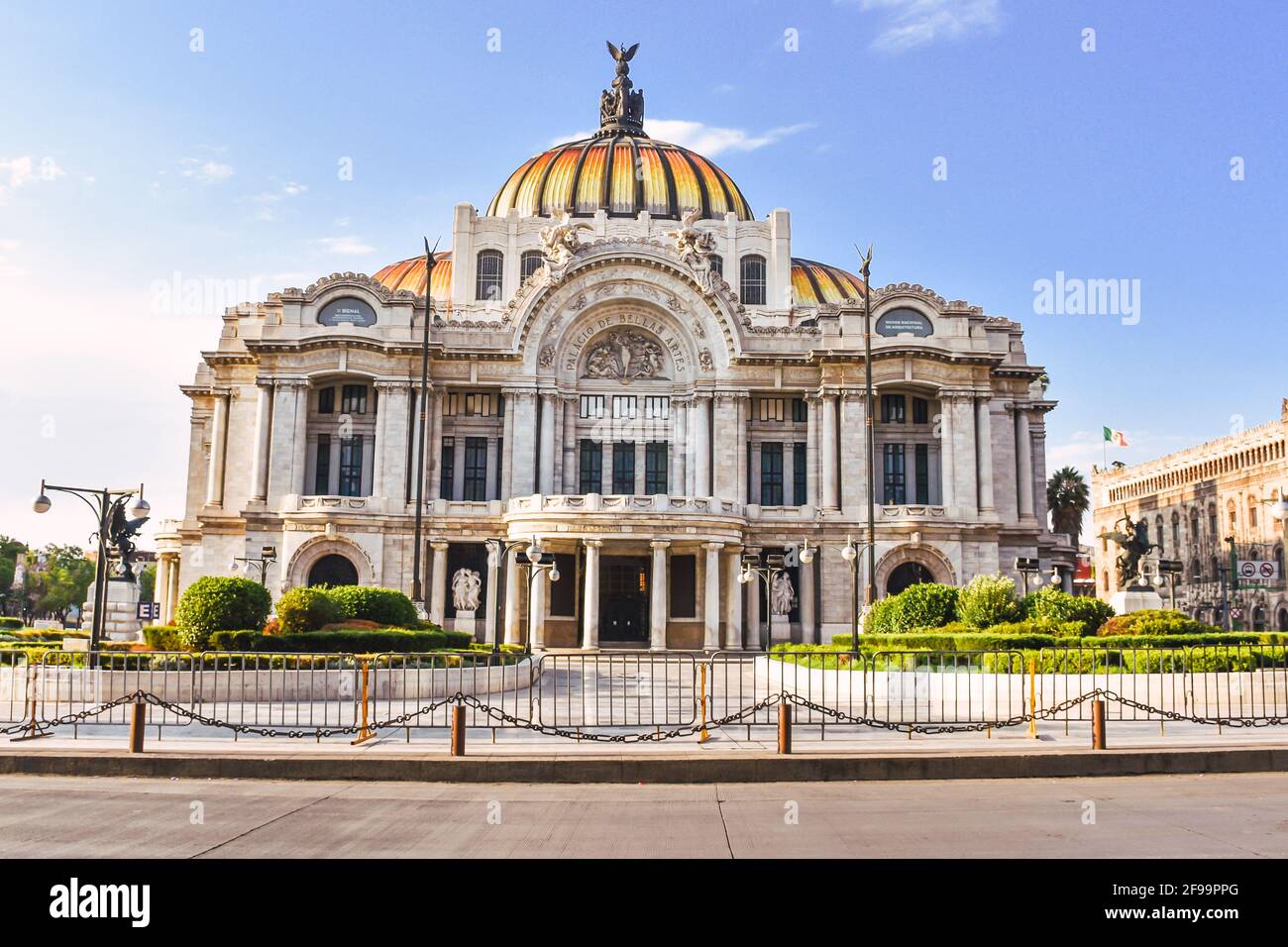 view of the Palacio de Bellas Artes or Palace of Fine Arts, a famous theater, museum and music venue in Mexico City closed during the coronavirus outb Stock Photo