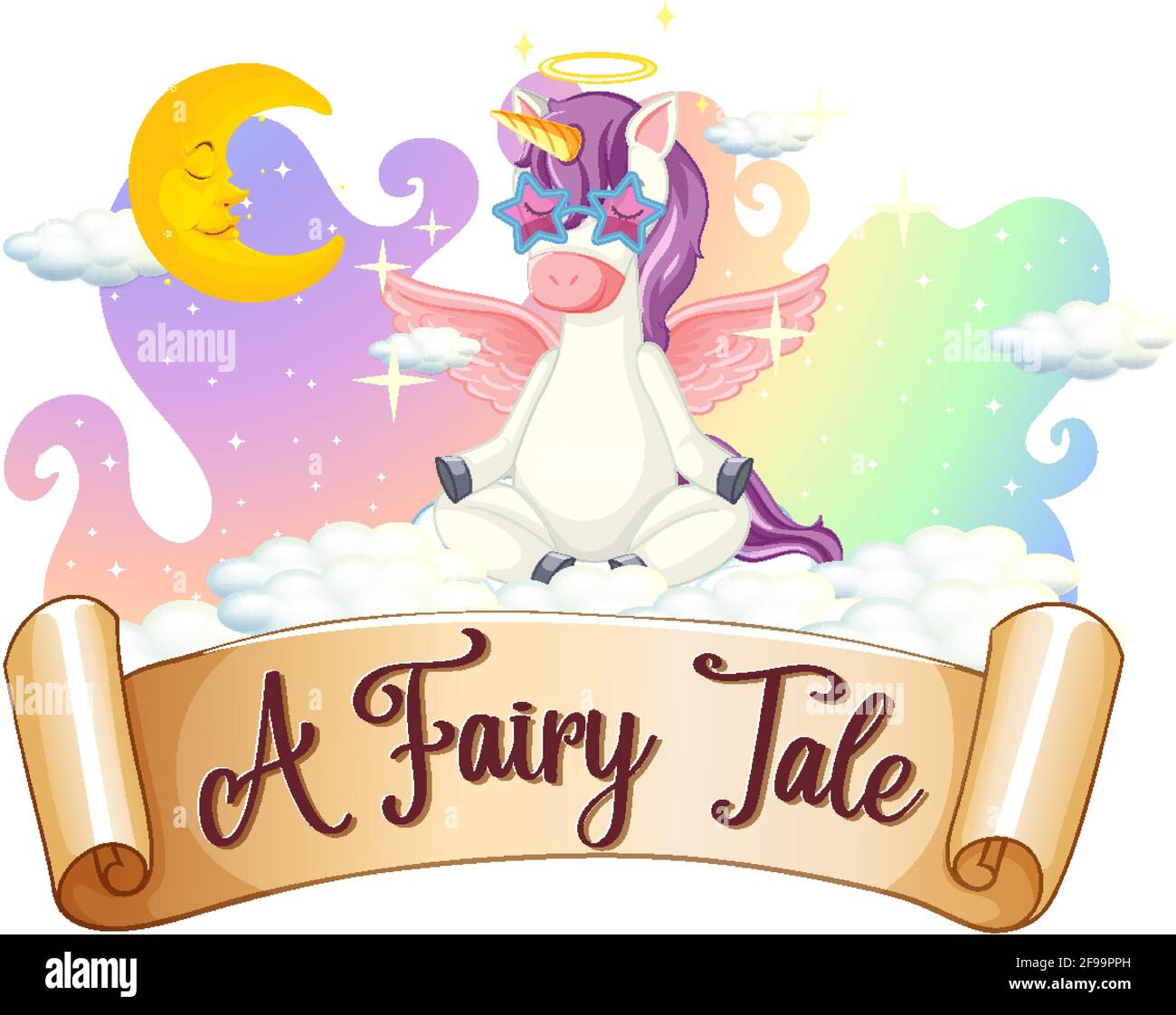 A Fairy Tale font with unicorn cartoon character sitting on a cloud illustration Stock Vector