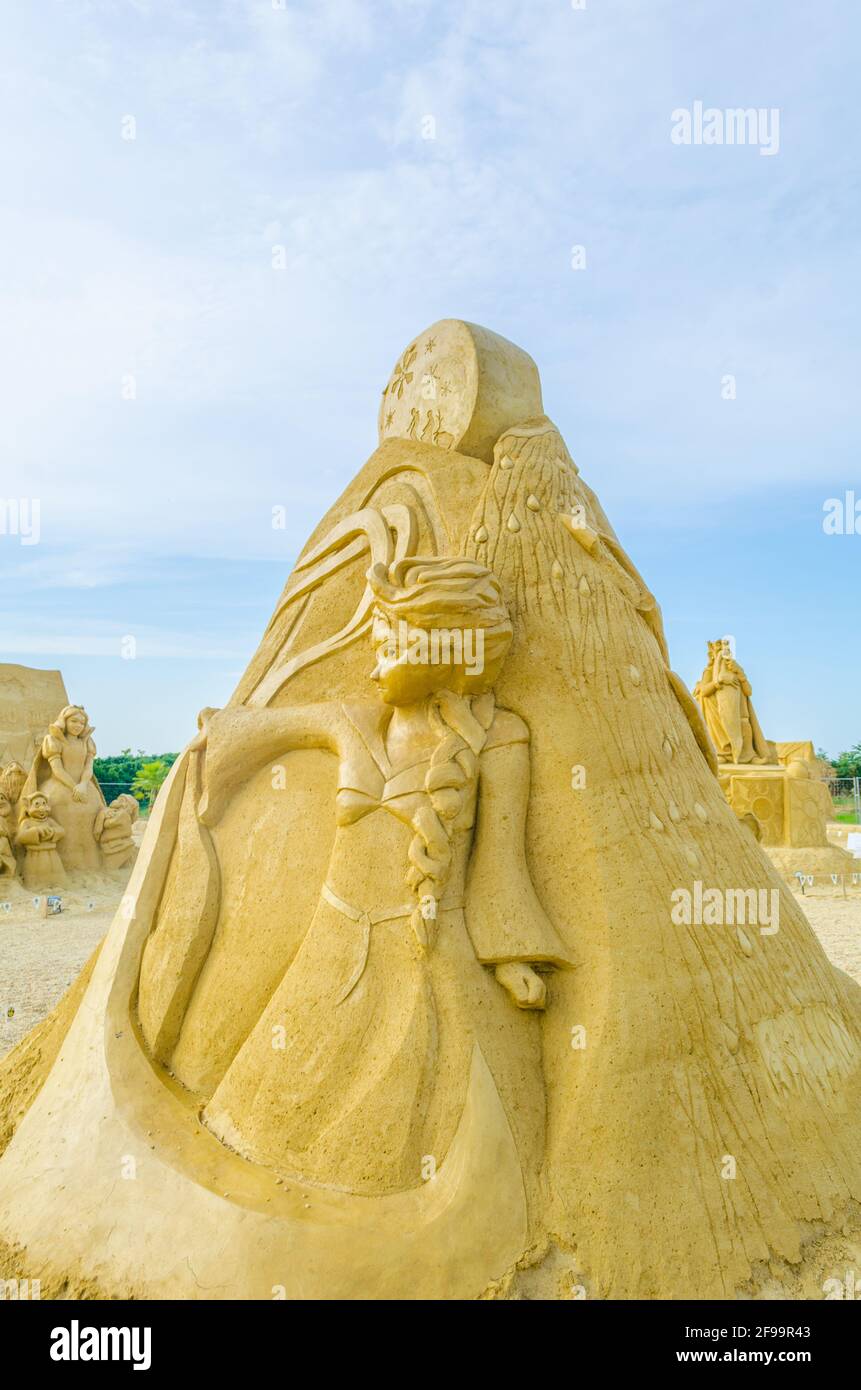 BURGAS, BULGARIA, JULY 31, 2014: View of sand statues sculptured on a ...