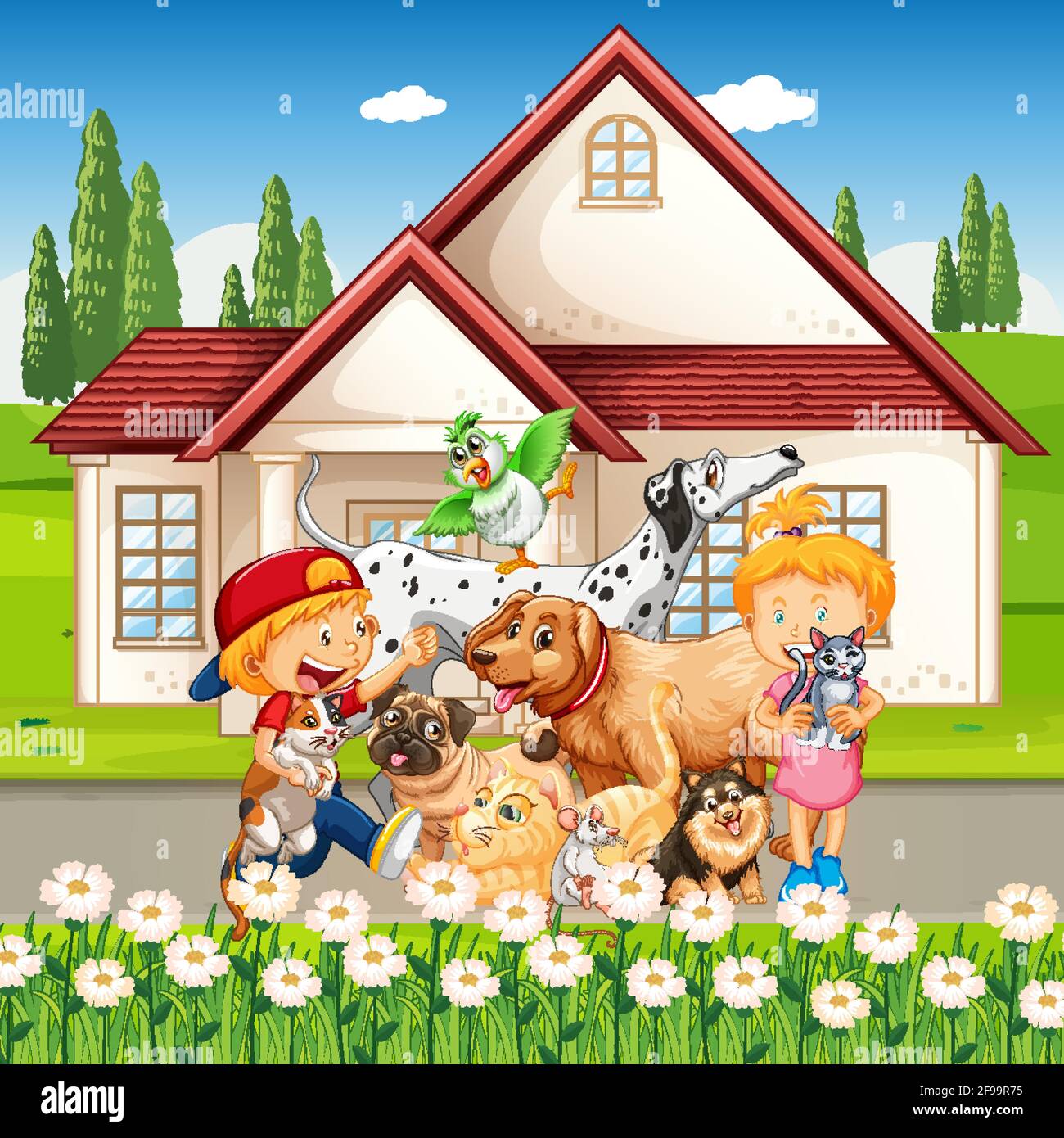Outdoor scene with group of pet and children illustration Stock Vector ...