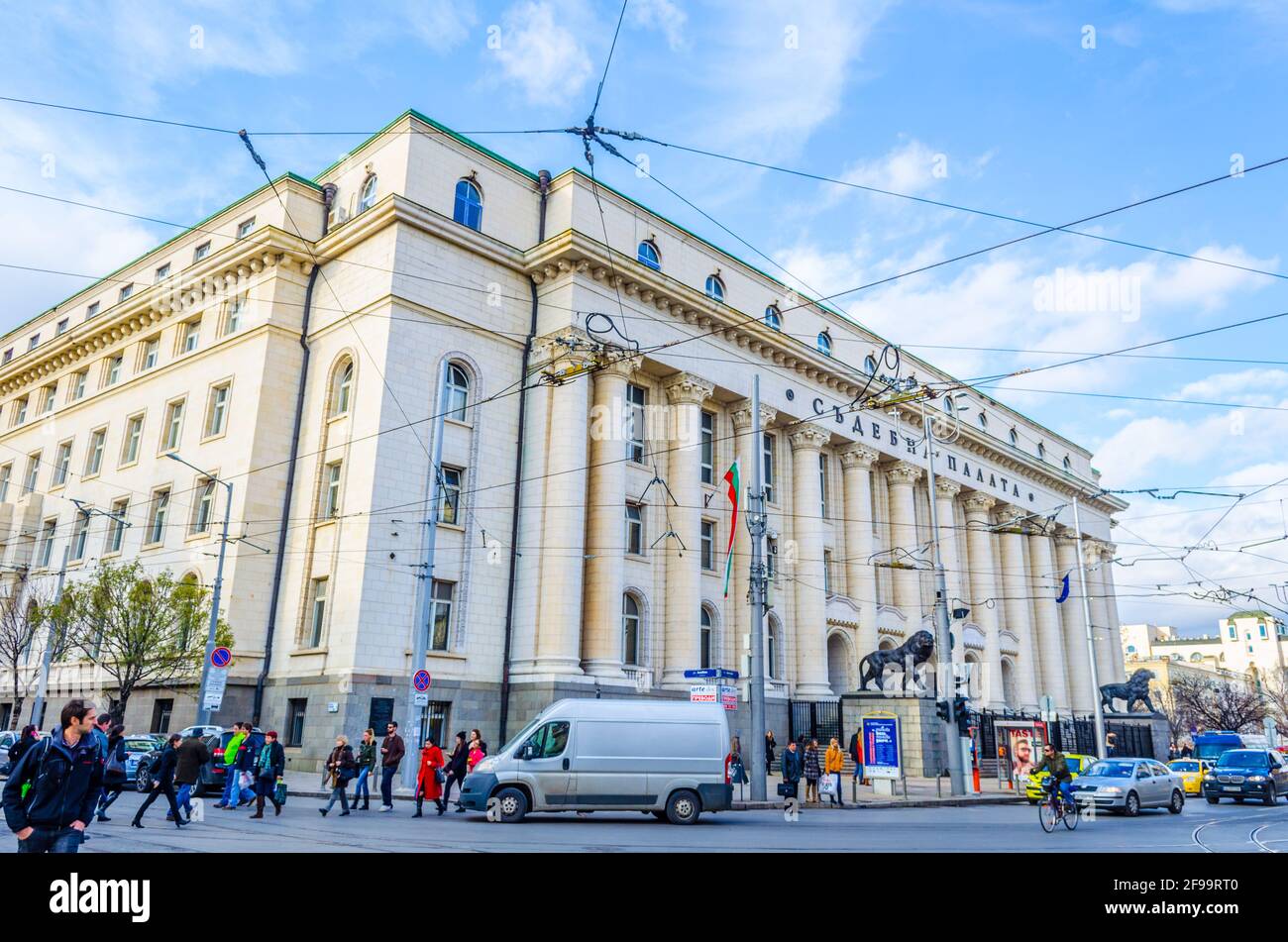 SOFIA, BULGARIA, NOVEMBER 17, 2014: People are strolling in front of the courthouse in Sofia, Bulgaria. Stock Photo