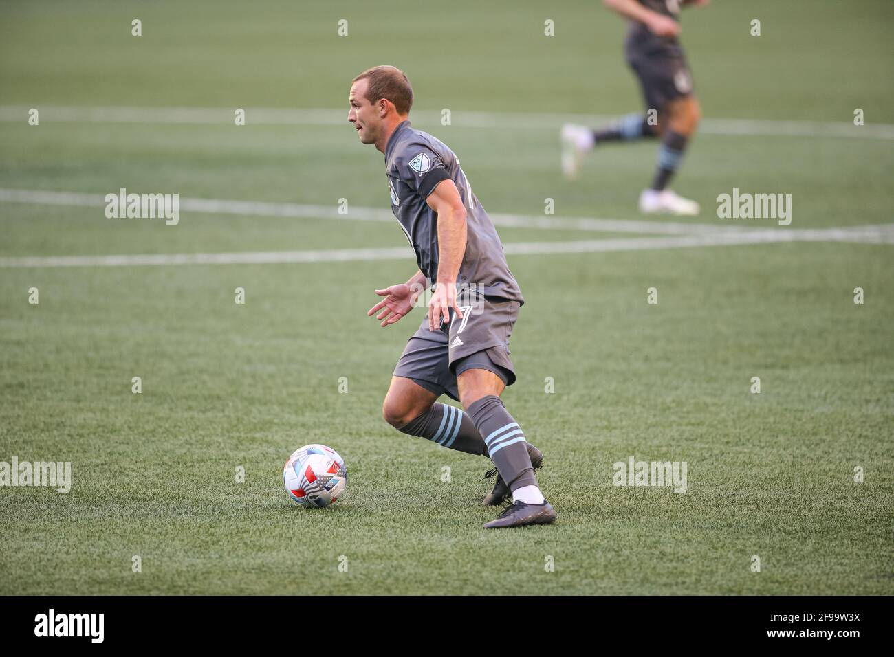 Minnesota United FC defender Chase Gasper (77) with the ball during the first half of an MLS match against the Seattle Sounders FC at Lumen Field, Fri Stock Photo