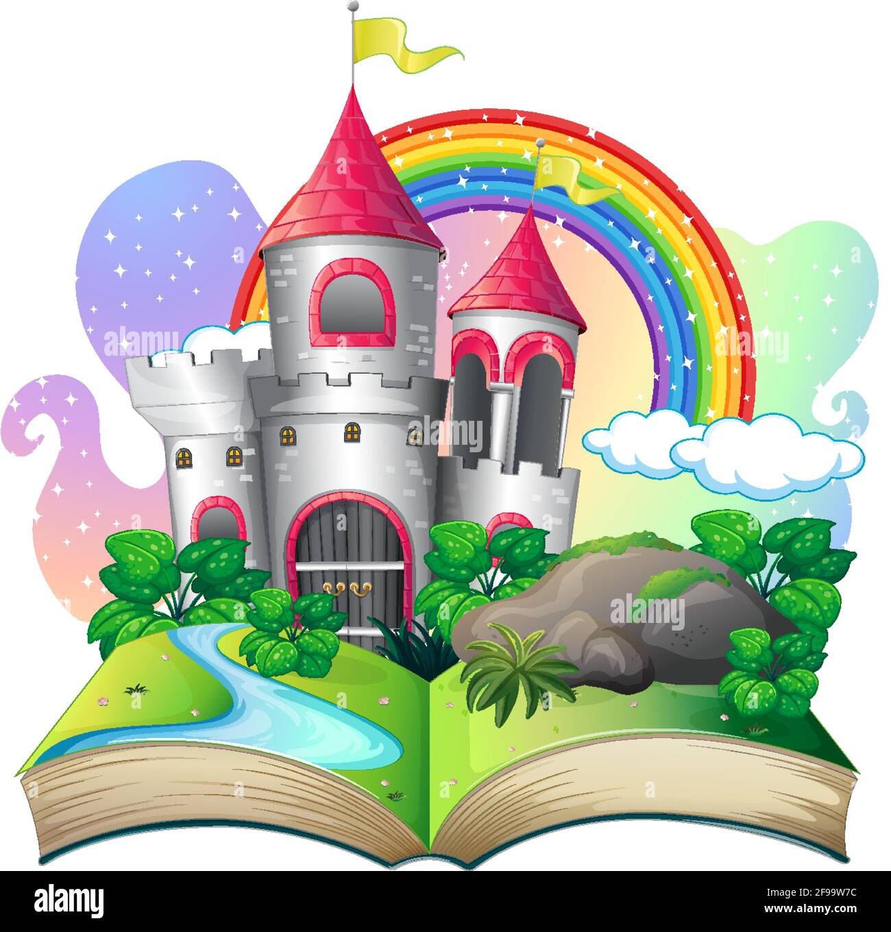 3D pop up book with castle fairy tale theme illustration Stock Vector