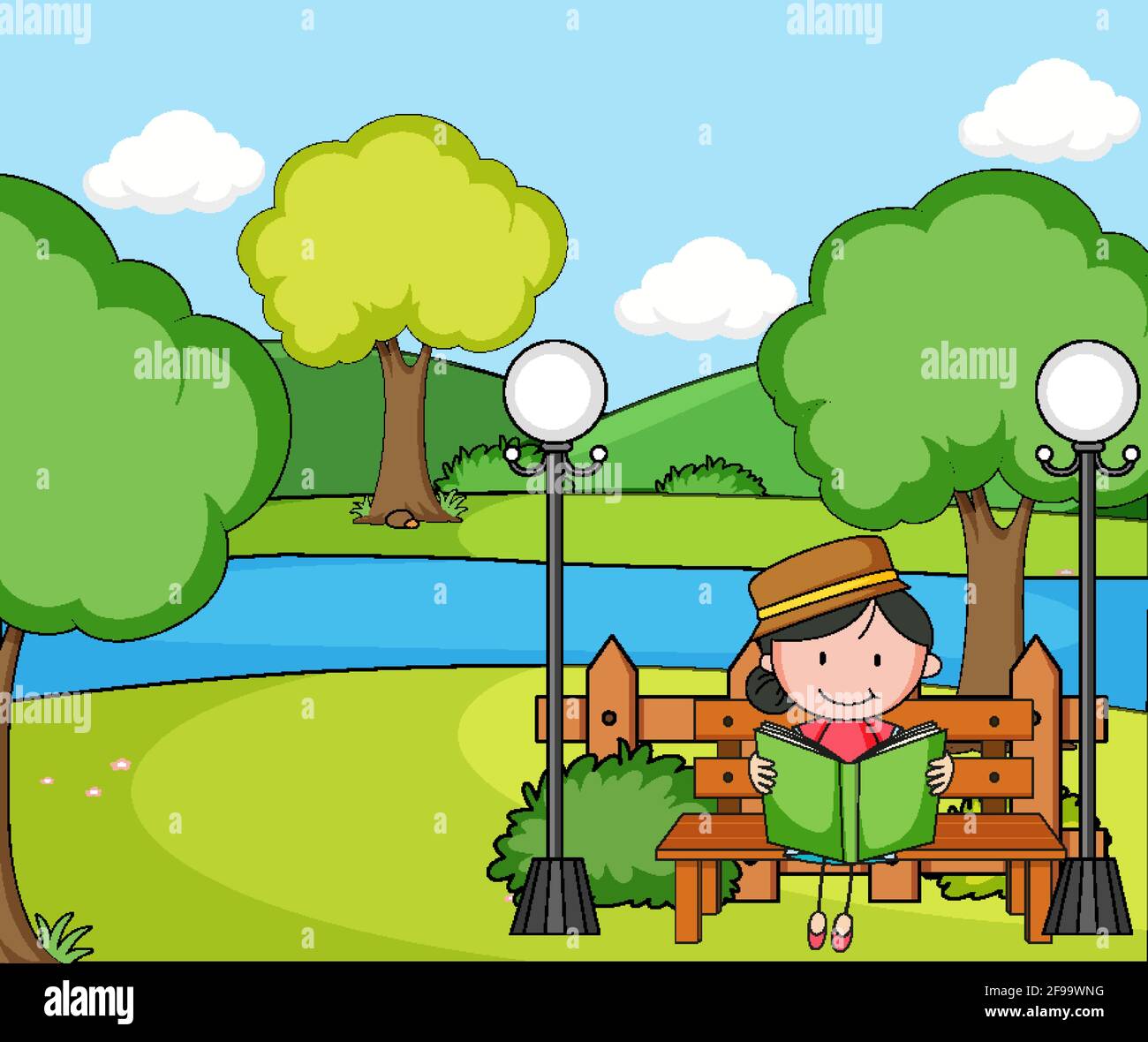 Park scene with a girl reading book sitting on bench illustration Stock ...