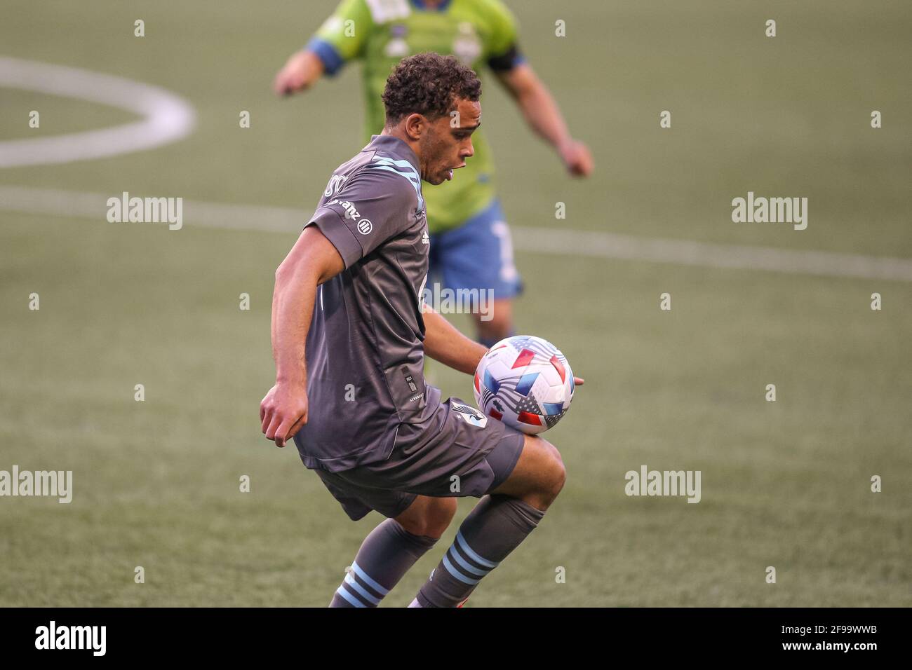 Minnesota United FC midfielder Hassani Dotson (31) takes the ball during the first half of an MLS match against the Seattle Sounders FC at Lumen Field Stock Photo