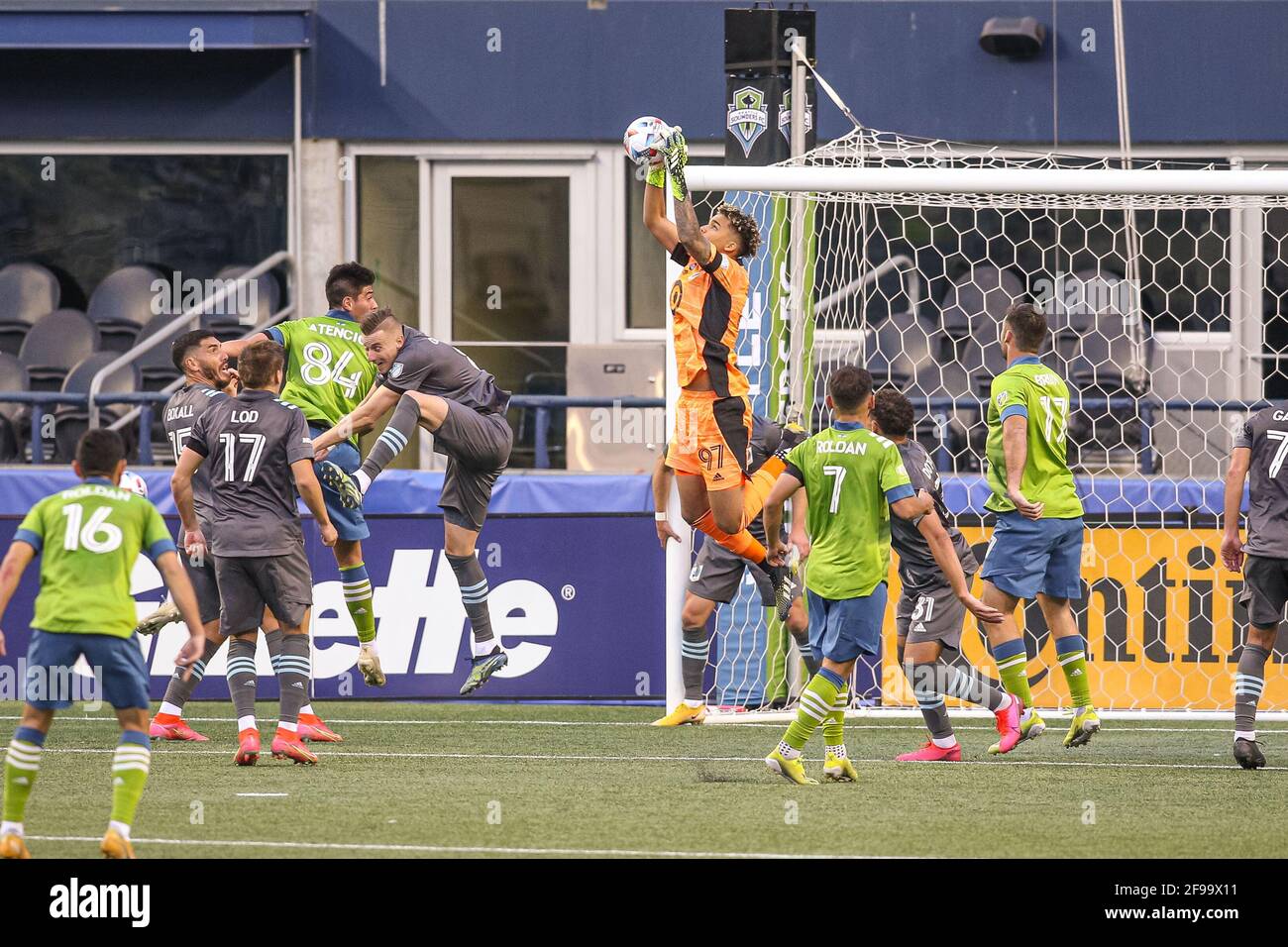 Minnesota United FC goalkeeper Dayne St. Clair (97) make a save during the first half of an MLS match against the Seattle Sounders FC at Lumen Field, Stock Photo