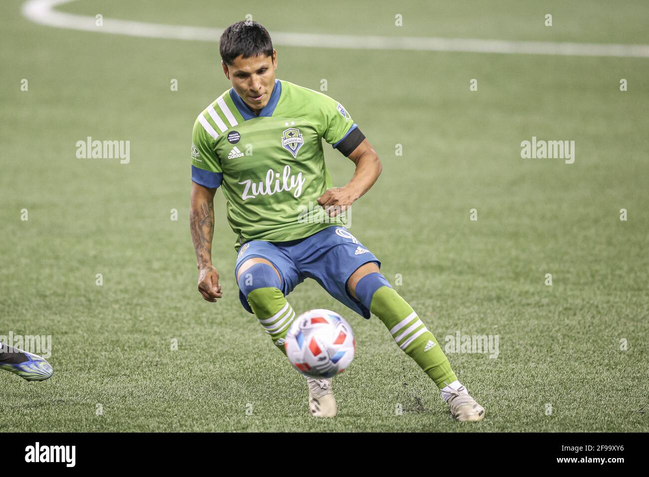 Seattle Sounders FC forward Raul Ruidiaz (9) with the ball  during the second half of an MLS match against the Minnesota United FC at Lumen Field, Fri Stock Photo