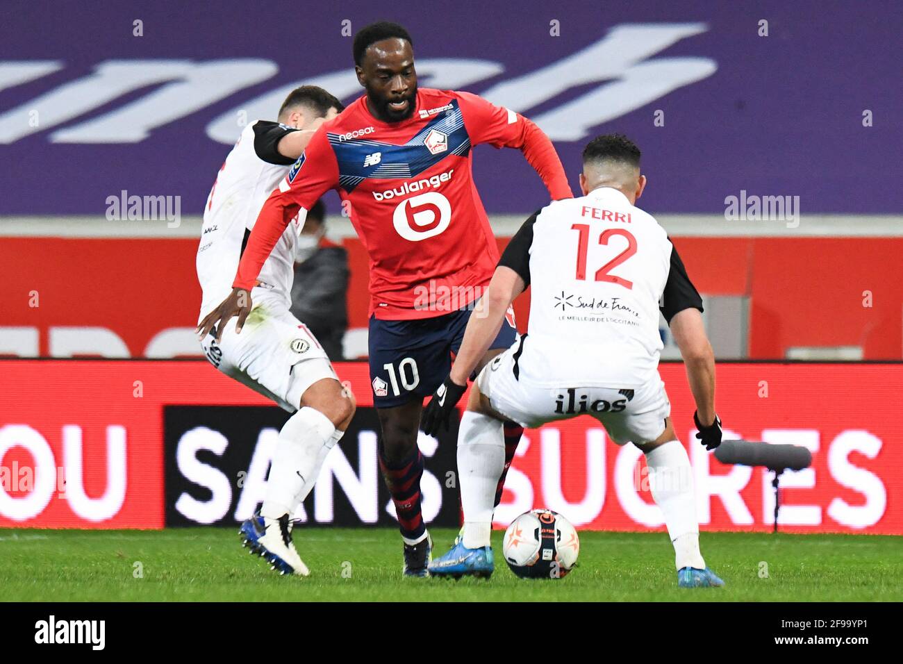 Jordan Ferri of Montpellier, Jonathan Ikone of Lille during the French  championship Ligue 1 football match between LOSC and Montpellier HSC on  April 16, 2021 at Pierre Mauroy stadium in Villeneuve-d'Ascq near