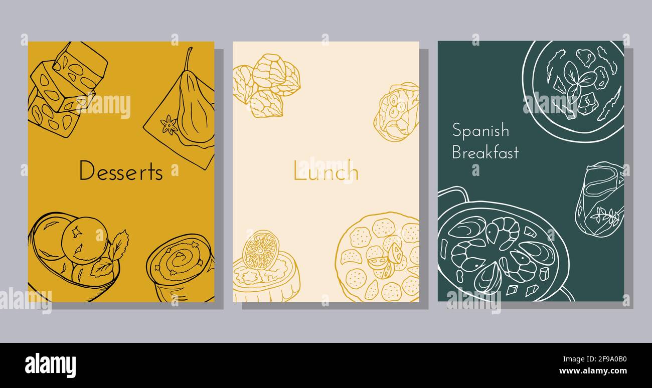 Hand-drawn poster set with traditional Spanish cuisine dish and desserts. Design sketch element for menu cafe, bistro, restaurant, bakery and packagin Stock Vector