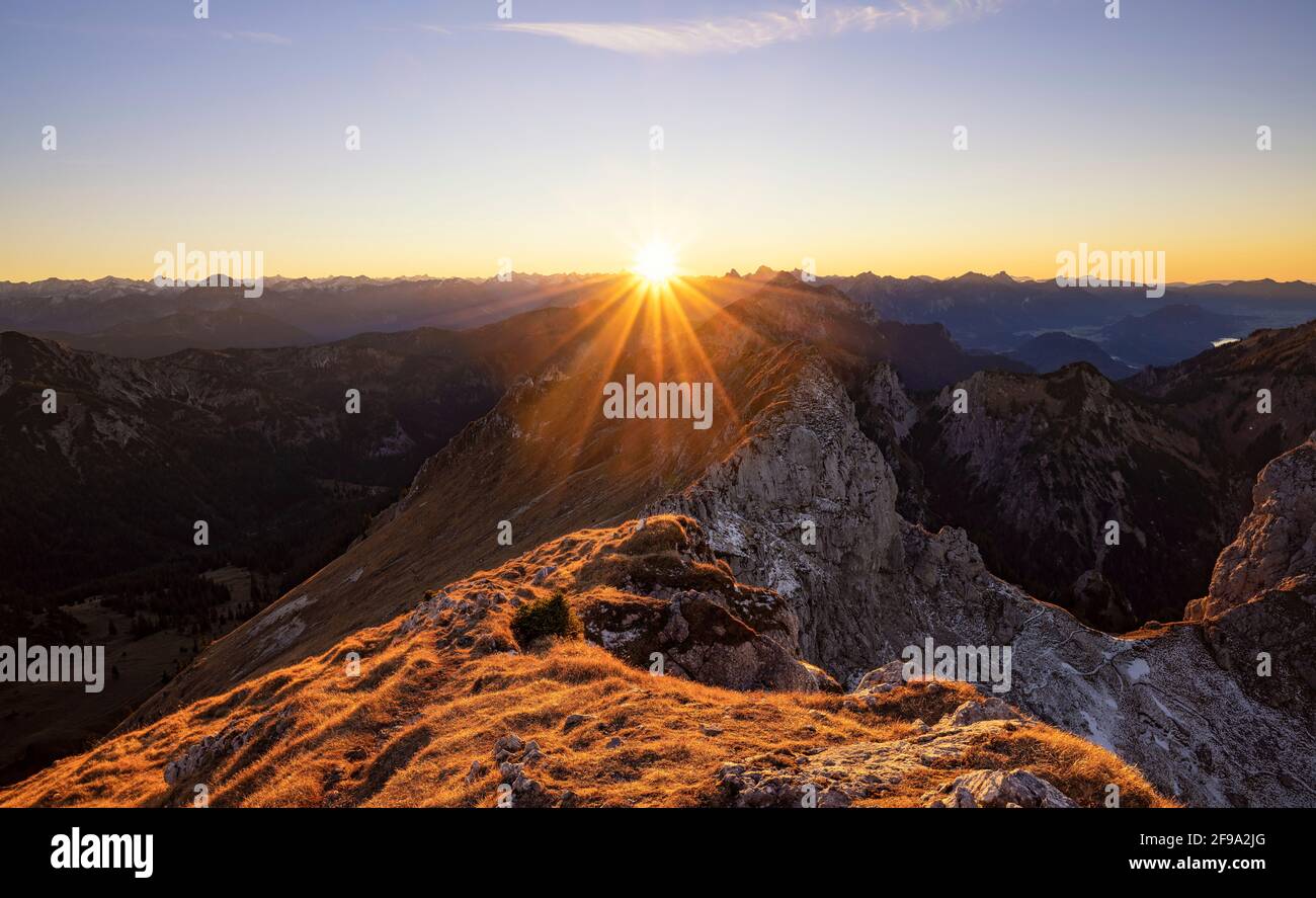 Sunset in the Ammergau Alps on a clear autumn day. Bavaria, Germany, Europe Stock Photo