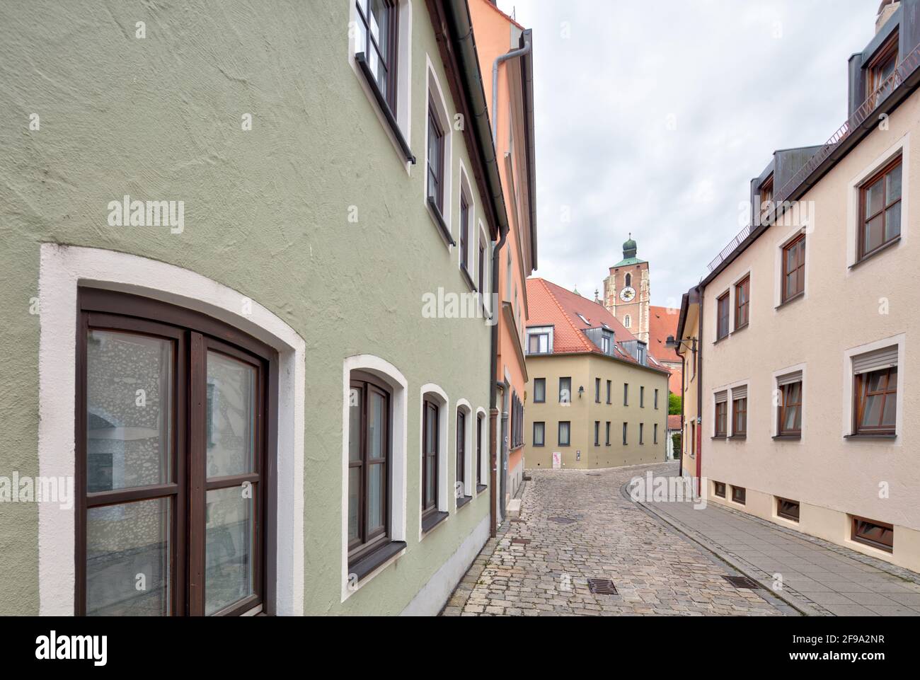 House facade, alley, Liebfrauenmünster, church tower, old, historical, architecture, Ingolstadt, Bavaria, Germany, Europe Stock Photo