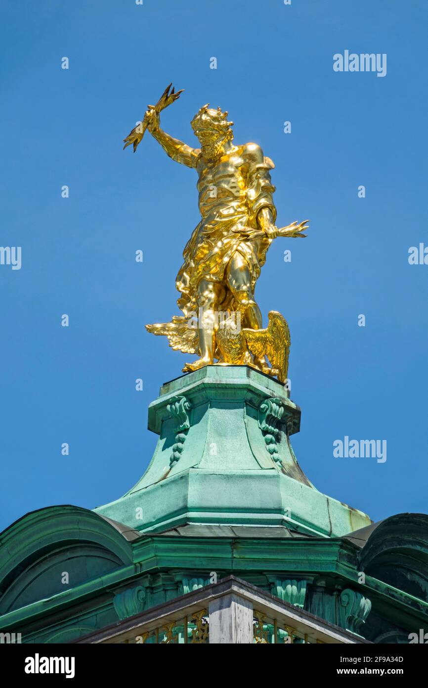 Germany, Baden-Wuerttemberg, Rastatt, residential palace, god Jupiter hurls lightning bolts from the roof. Popularly known as the 'Golden Man'. Stock Photo