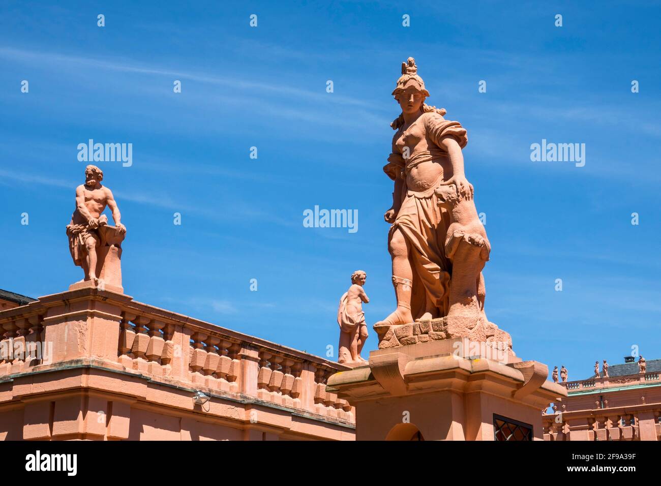 Germany, Baden-Wuerttemberg, Rastatt, residential palace, statues at the driveway to the main courtyard. The lap was built under Margrave Ludwig Wilhelm von Baden-Baden. Stock Photo