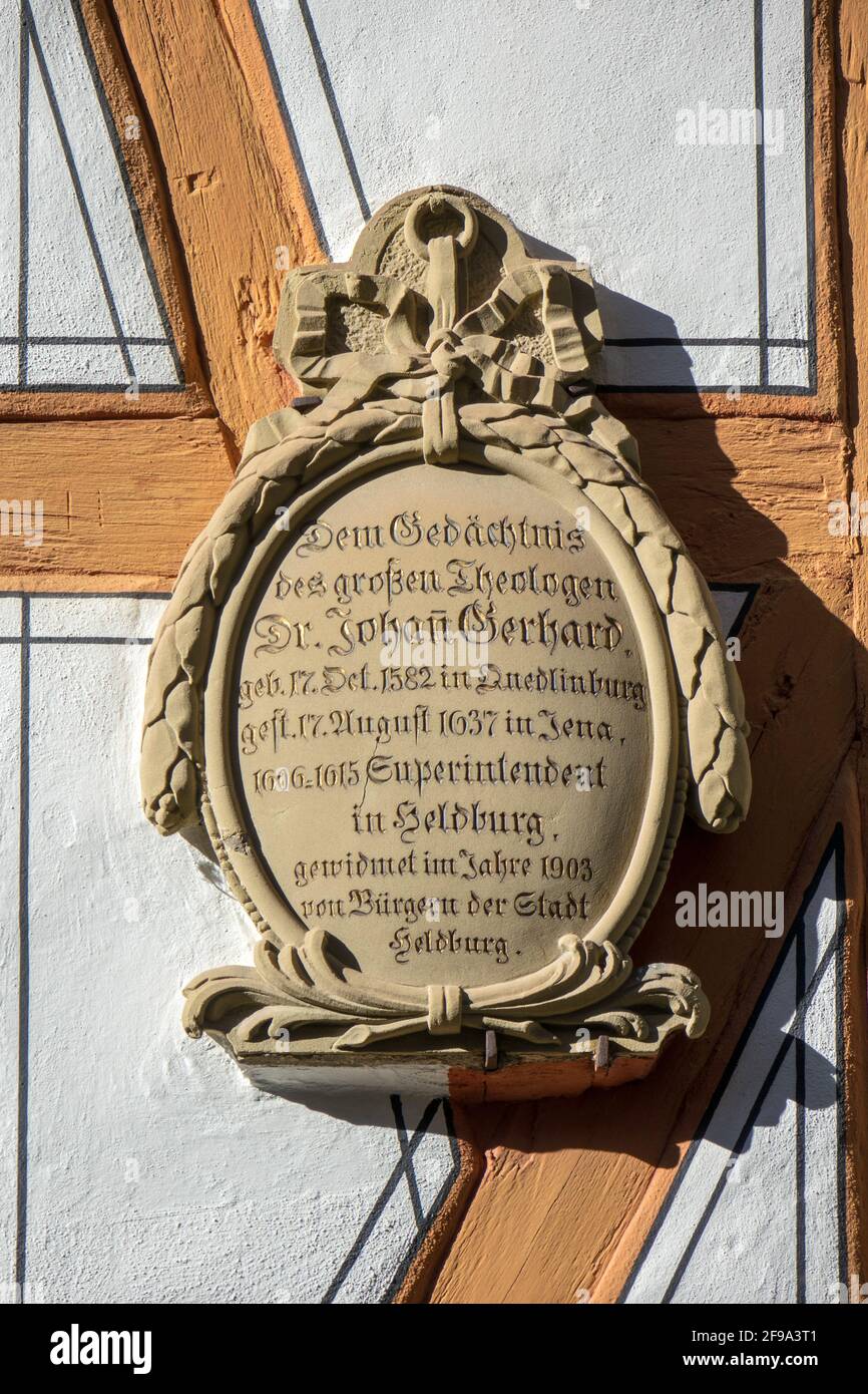 Cartouche with memorial inscription for Dr. Johann Gerhard at the Protestant rectory in Heldburg. The theologian, professor and superintendent Johann Gerhard lived here from 1606 to 1615. Stock Photo