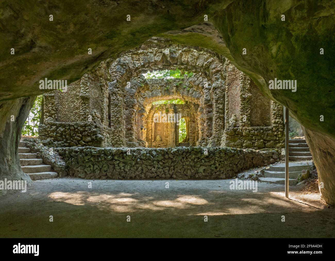Germany, Bavaria, Wonsees-Sanspareil, view from the Grotto of the Calypso into the ruin theater in the 'Felsengarten Sanspareil'. The listed English landscape garden was laid out in the 18th century under Margrave 'Friedrich von Bayreuth' and his wife Margravine 'Wilhelmine von Bayreuth'. Stock Photo