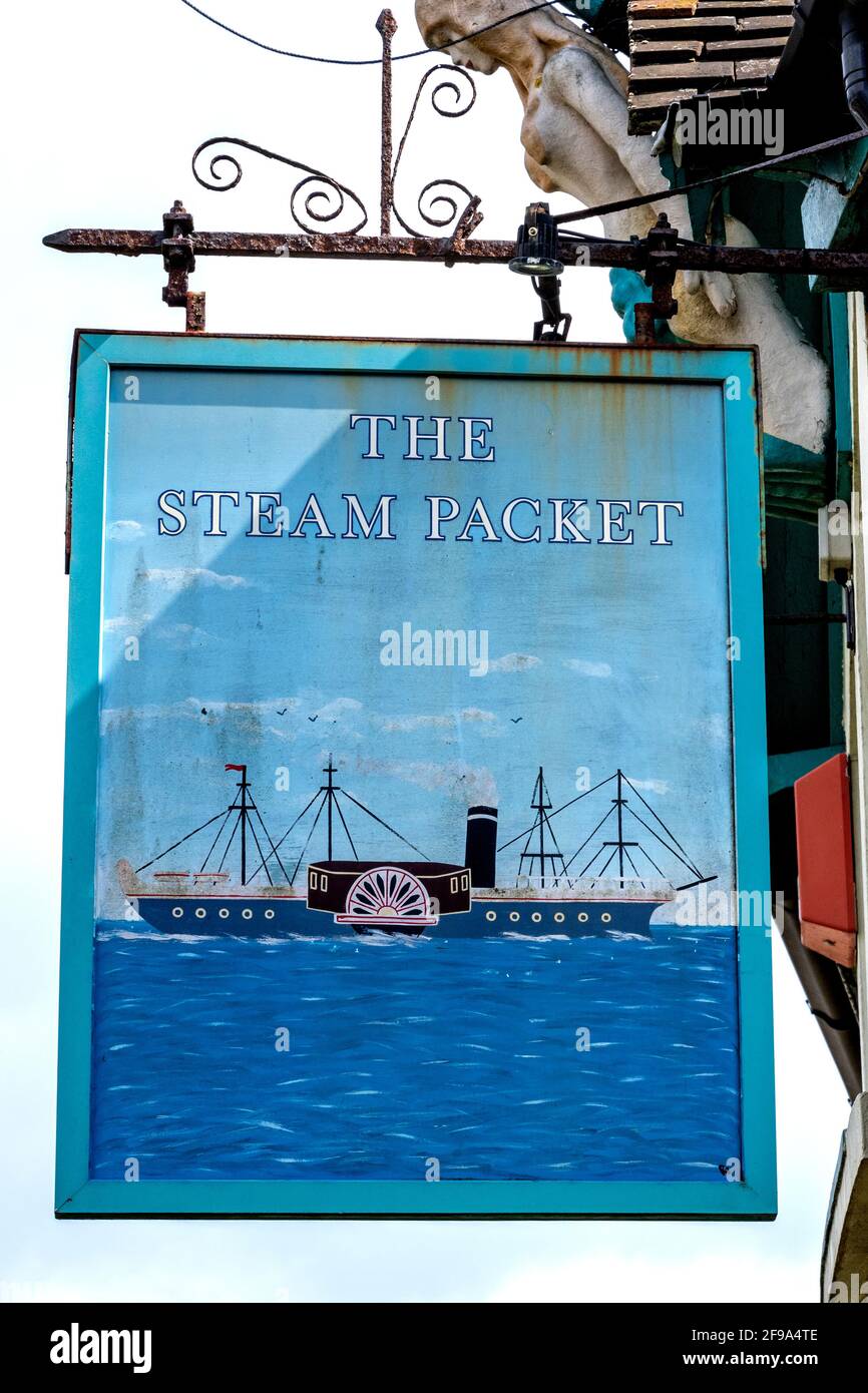Traditional hanging pub sign at The Steam Packet public house, River Road, Littlehampton, West Sussex, England, UK. Stock Photo