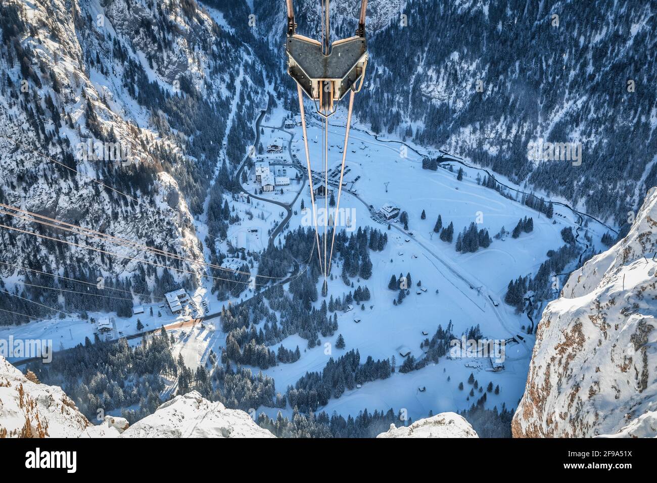 the Marmolada cable car, elevated view on the valley station of Malga Ciapela, Rocca Pietore, Dolomites, province of Belluno, Veneto, Italy Stock Photo