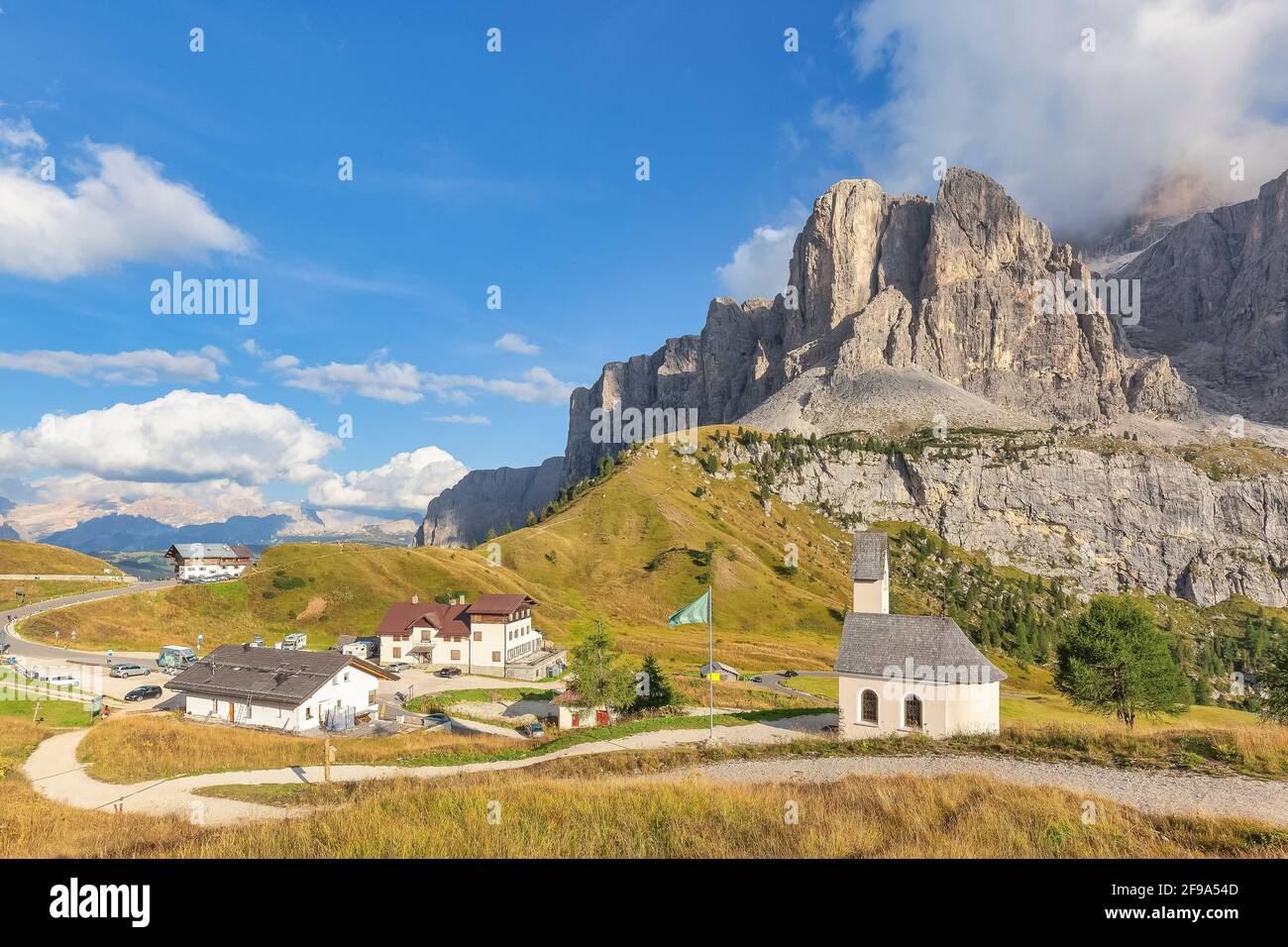 Europe, Italy, South Tyrol, Bolzano. Alpine church in the Gardena pass, South Tyrol, Dolomites Stock Photo