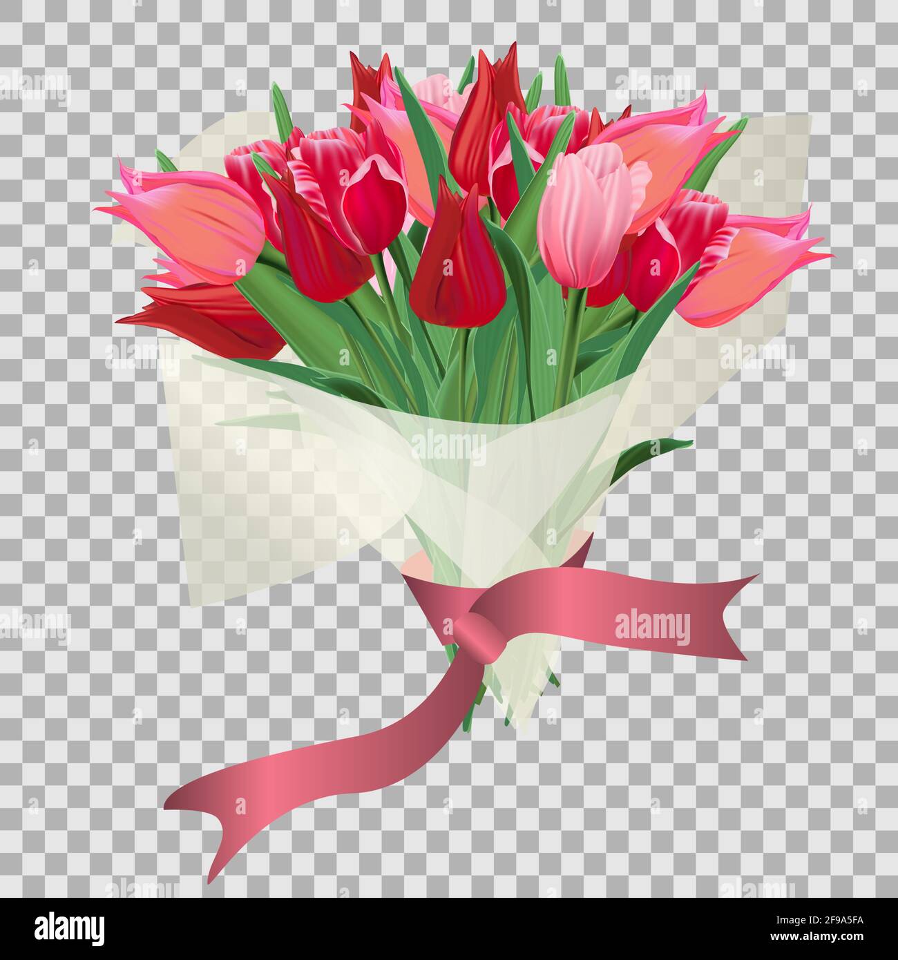 Bouquet of red and pink tulips in a gift paper package with a ribbon on ...