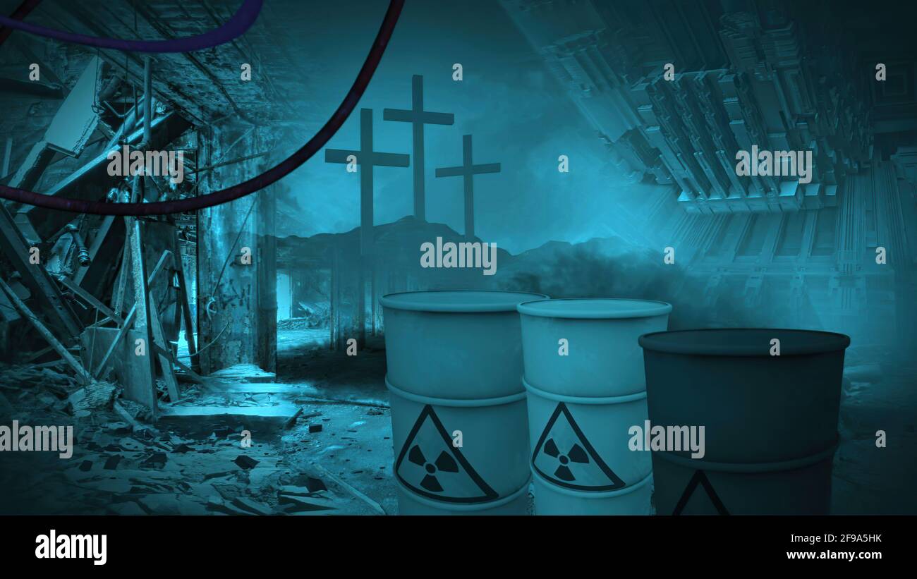 3D illustration of radioactive zone Post apocalyptic scene Stock