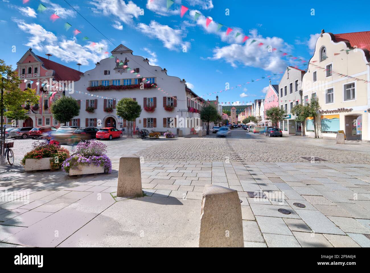 Ludwigsplatz, town hall, Danube tower, house facade, old, historical, architecture, Kelheim, Bavaria, Germany, Europe Stock Photo