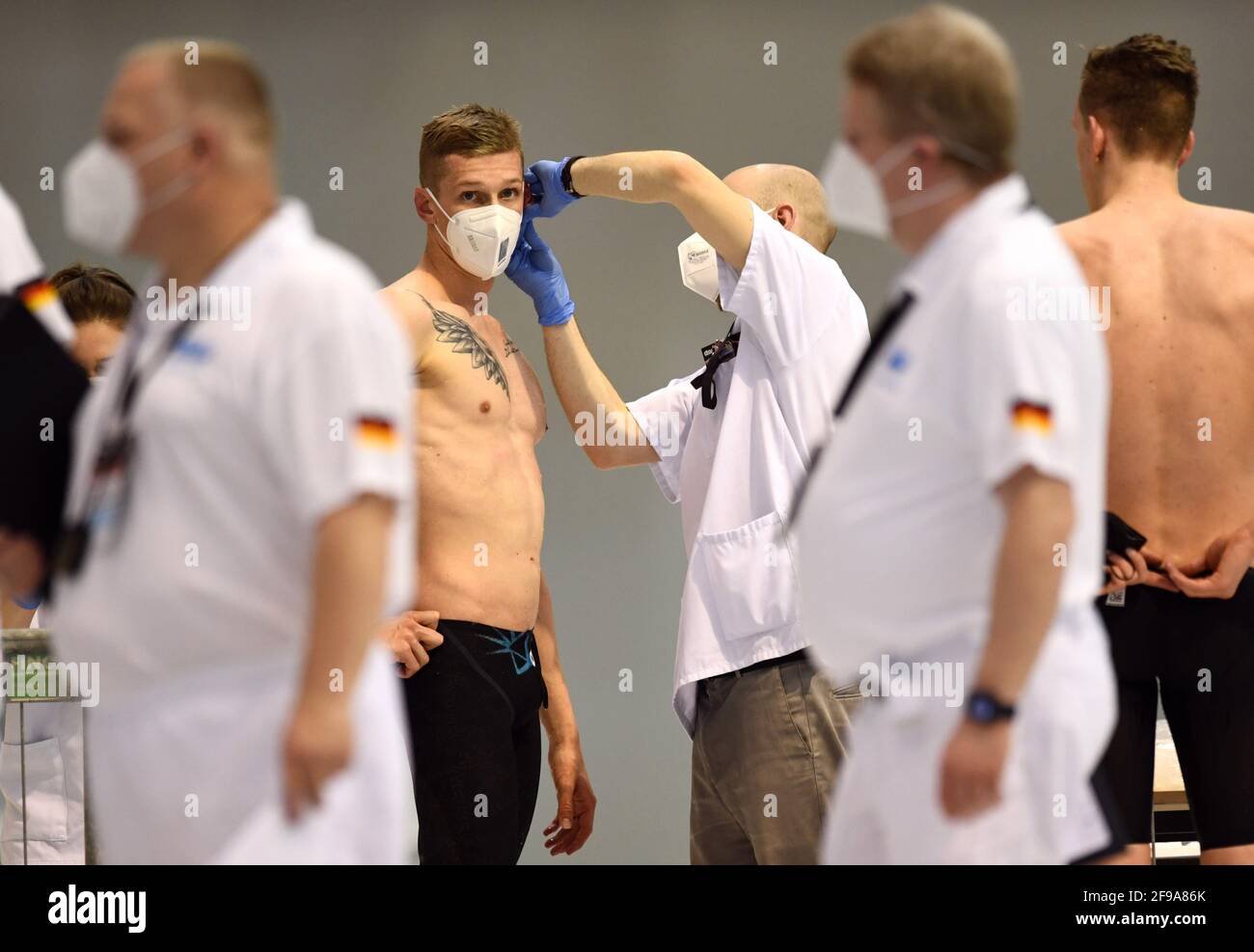 Swimming - DSV Olympic Qualification - Europa Sportpark, Berlin, Germany - April 17, 2021 Florian Wellbrock has a lactate test after the men's 400m freestyle REUTERS/Annegret Hilse Stock Photo