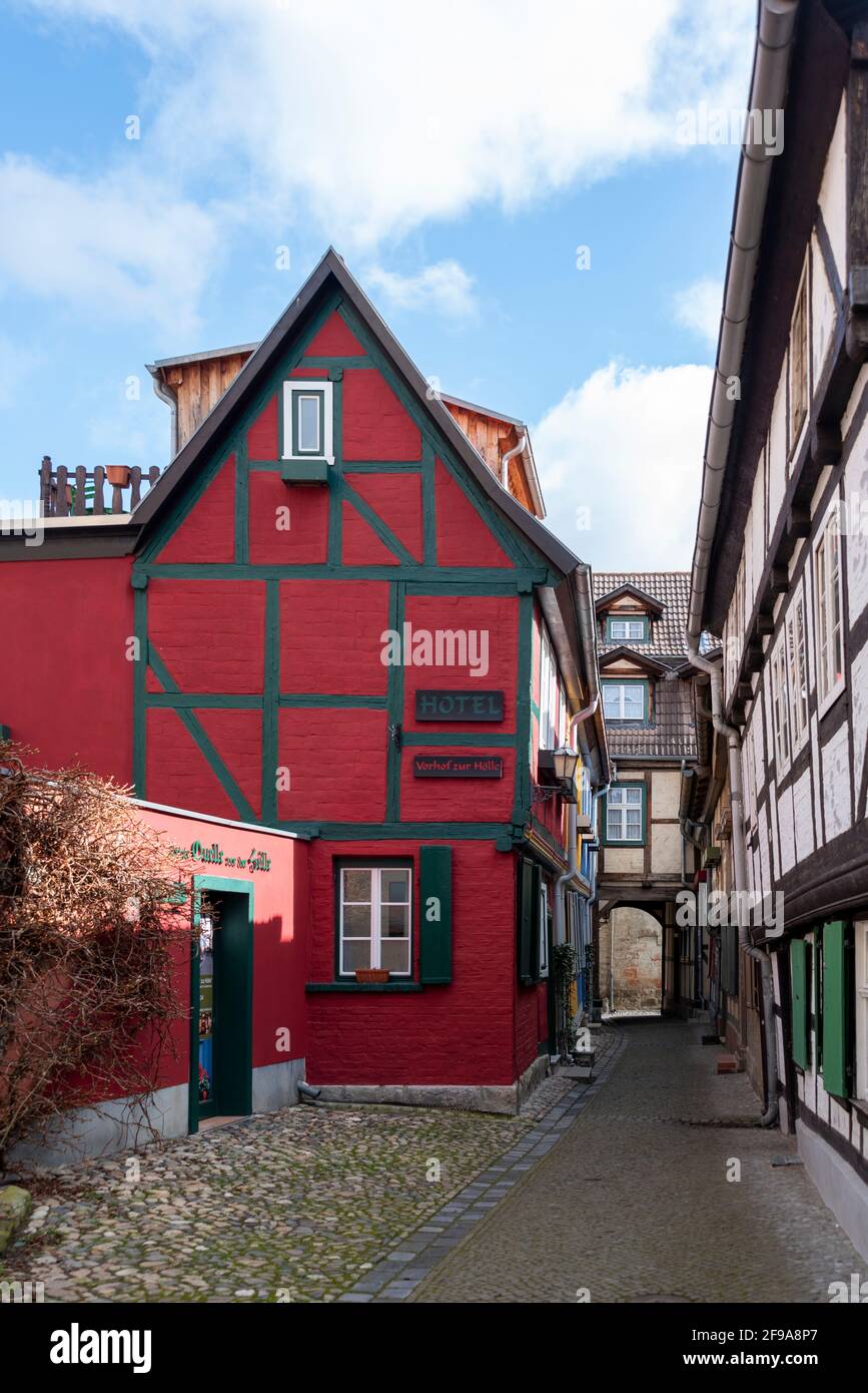 Germany, SaxonyAnhalt, Quedlinburg, Hotel Vorhof zur Hölle, halftimbered houses, World