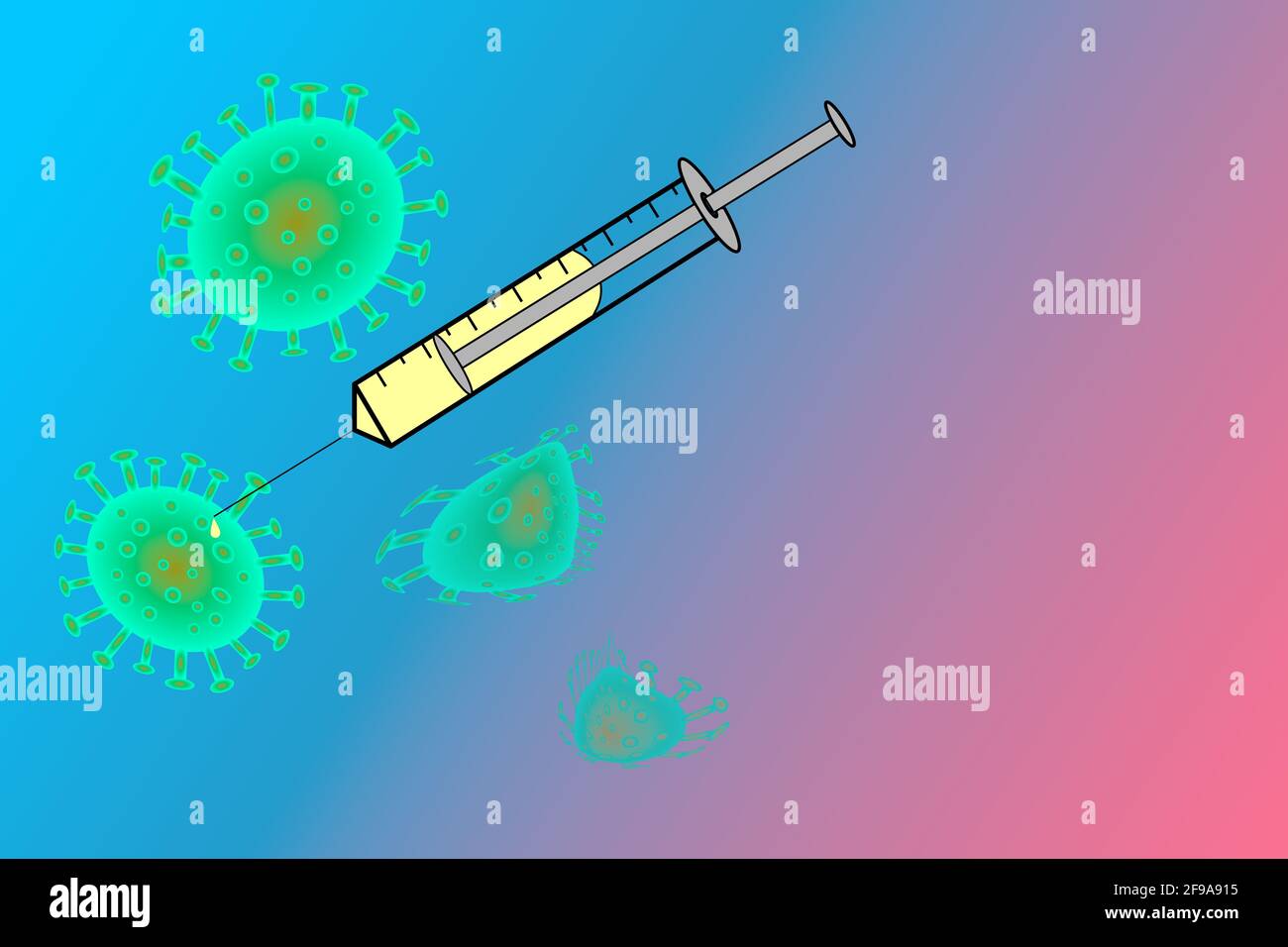 A COVID-19 virus is vaccinated with a syringe and thereby rendered harmless. Syringe, corona, virus, serum Stock Photo