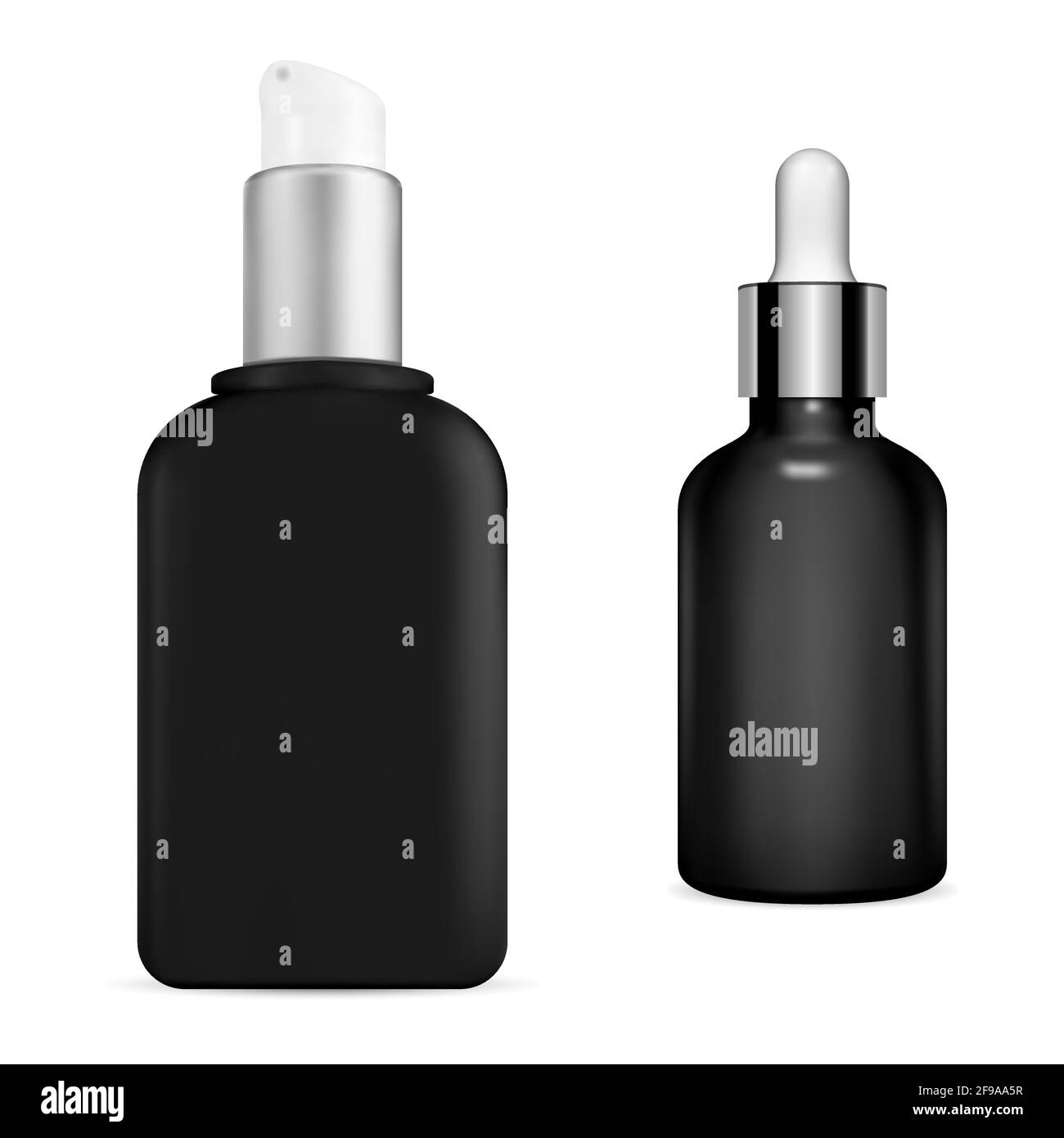 Black serum bottle. Cosmetic pump container, 3d vector concept. Premium