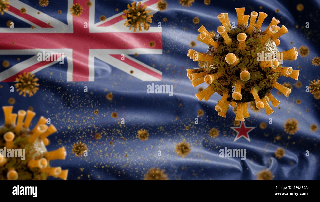 3D, New Zealander flag waving with coronavirus outbreak infecting respiratory system as dangerous flu. Influenza type Covid 19 virus with national New Stock Photo