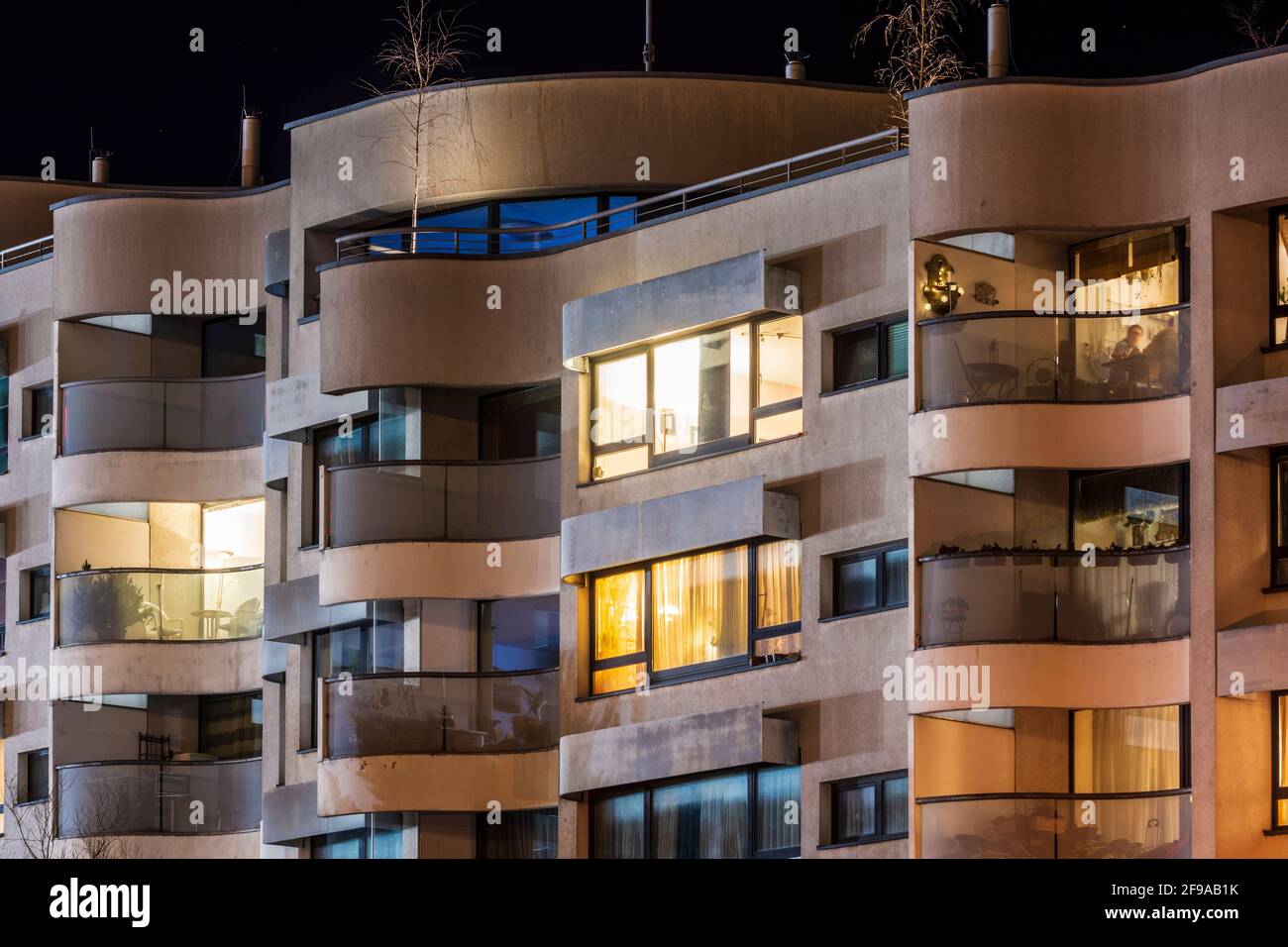 Vienna, apartment building, lit apartments, night, loggias, house of