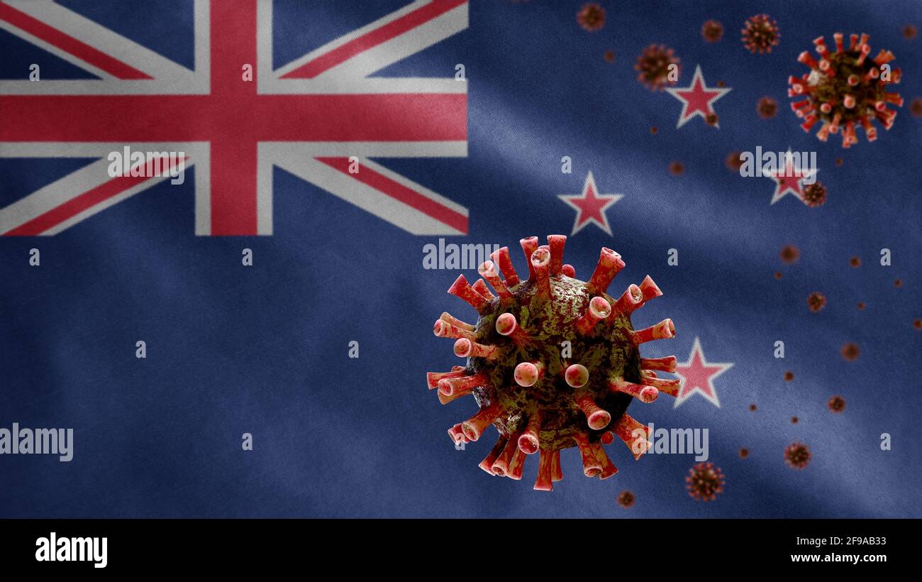 3D, New Zealander flag waving with coronavirus outbreak infecting respiratory system as dangerous flu. Influenza type Covid 19 virus with national New Stock Photo