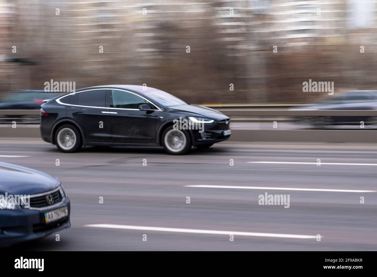 Ukraine Kyiv 18 March 21 Black Tesla Model X Car Moving On The Street Editorial Stock Photo Alamy