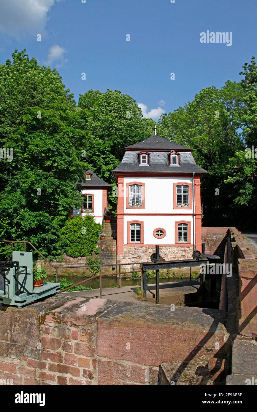 Cavalier building of Schloss Fürstenau, moated castle, river Mümling, Michelstadt in the Odenwald, district Steinbach, Hesse, Germany Stock Photo