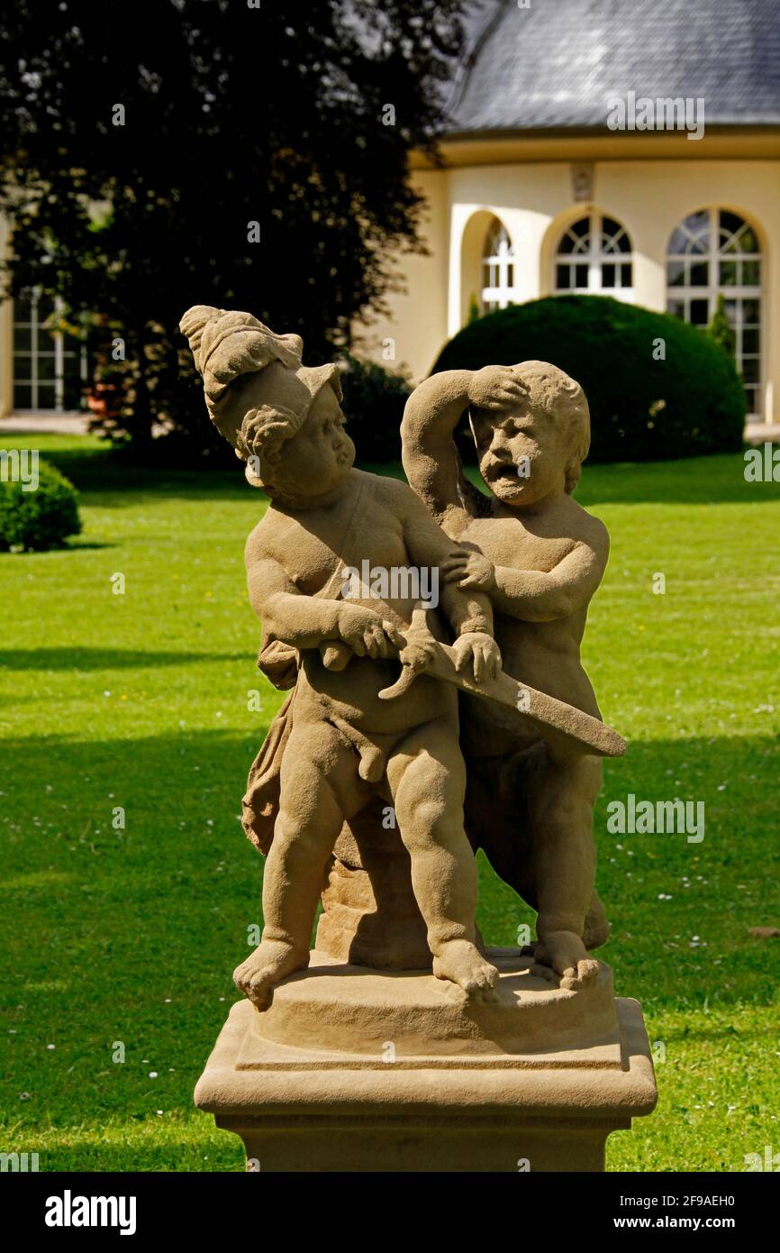 Kurpark, sculpture, walkway, Bad Neustadt an der Saale, Lower Franconia, Ldkrs.Rhön-Grabfeld, Bavaria, Germany Stock Photo