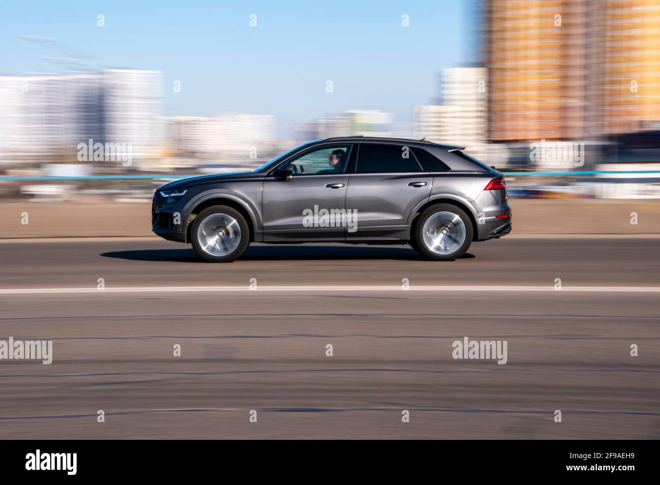 Ukraine, Kyiv 3 March 2021 Dark Gray Audi Q8 car moving on the