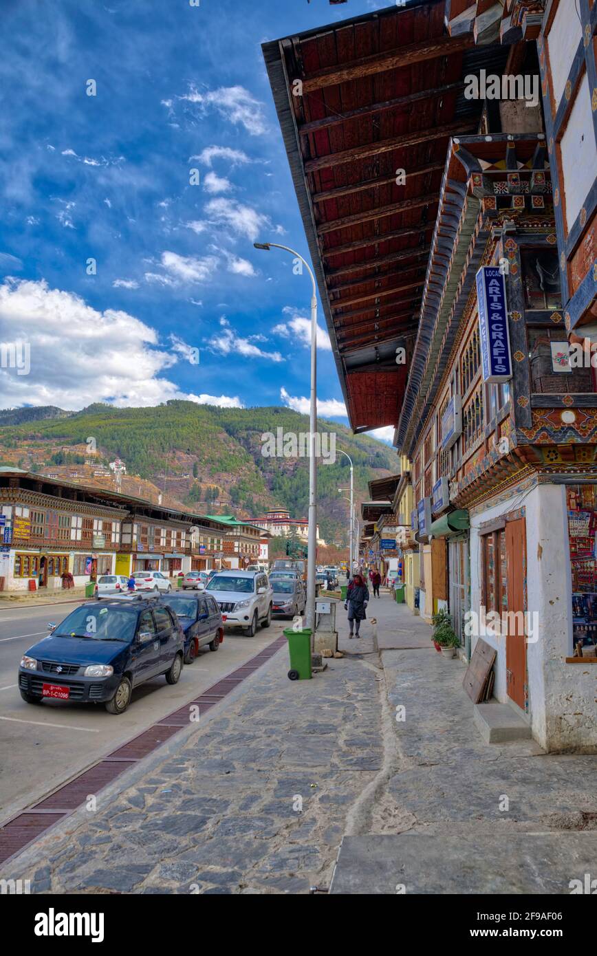 In Bhutan, Paro city is the valley in the West of the Capital, Thimphu. It is a historic town with many sacred sites and the historical buildings whic Stock Photo