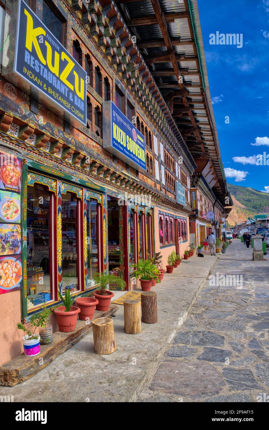 In Bhutan, Paro city is the valley in the West of the Capital, Thimphu. It is a historic town with many sacred sites and the historical buildings whic Stock Photo