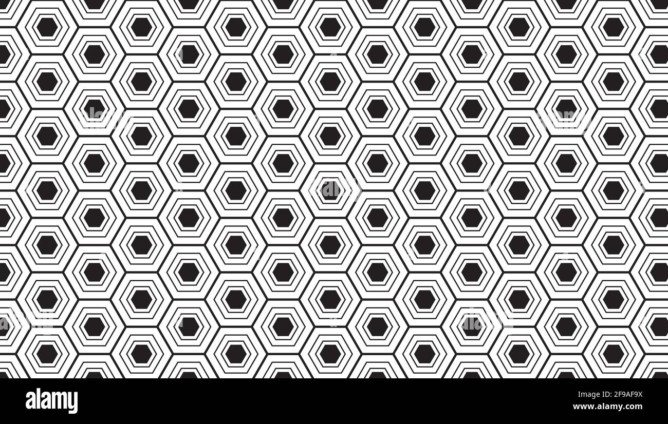 Seamless pattern with black white hexagons and striped lines. Stock Vector