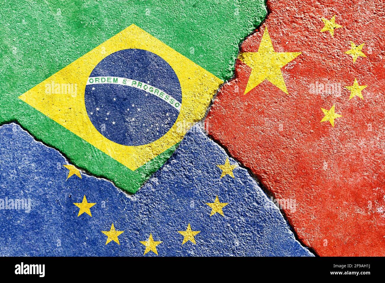 Political conflict concept Brazil VS EU VS China, flags on a cracked wall  background Stock Photo - Alamy