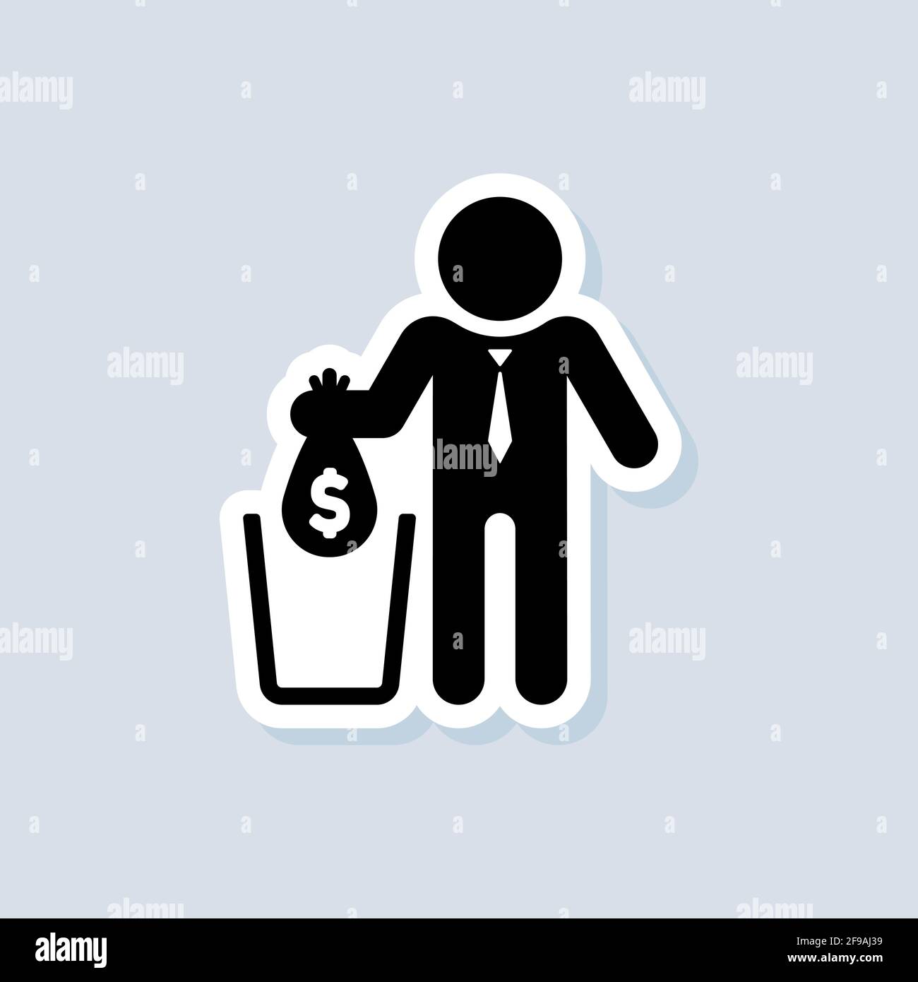 Financial losses sticker. Falling bag with dollar sign in trash. Big expenses, money deduction, maintenance costs. Do not waste money. Vector on isola Stock Vector