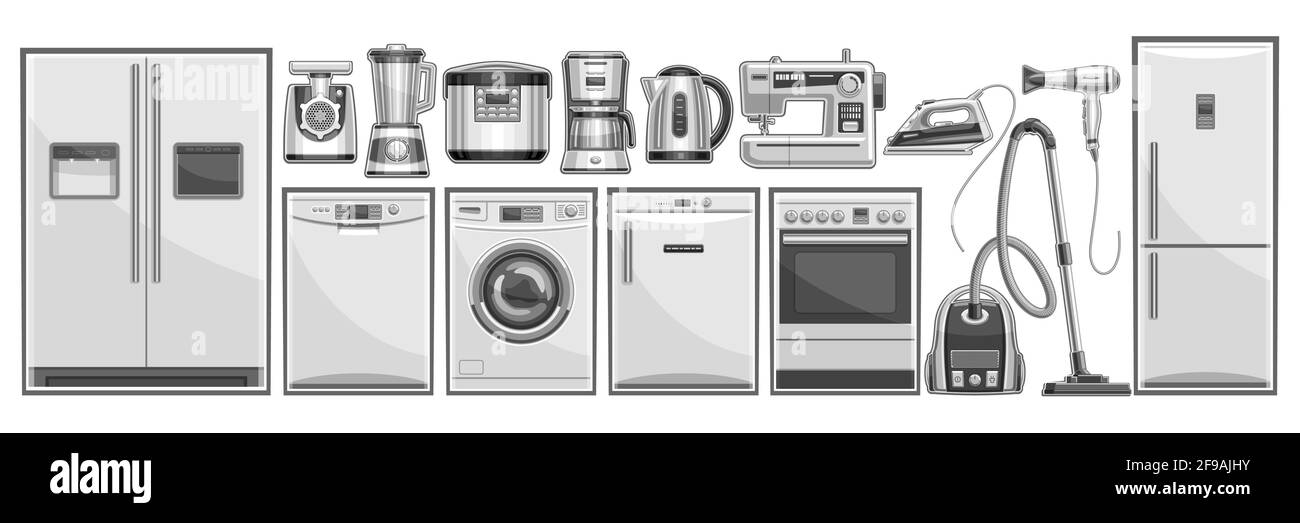 Vector set of Home Appliances, lot collection of cut out illustrations household and kitchen appliance for shop showroom display, many various black a Stock Vector