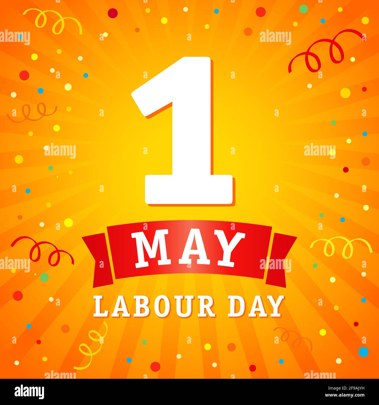 1 st of May, International Worker's Day lettering on colored confetti and yellow beams. Happy Labor Day banner. Vector illustration. Isolated abstract Stock Vector