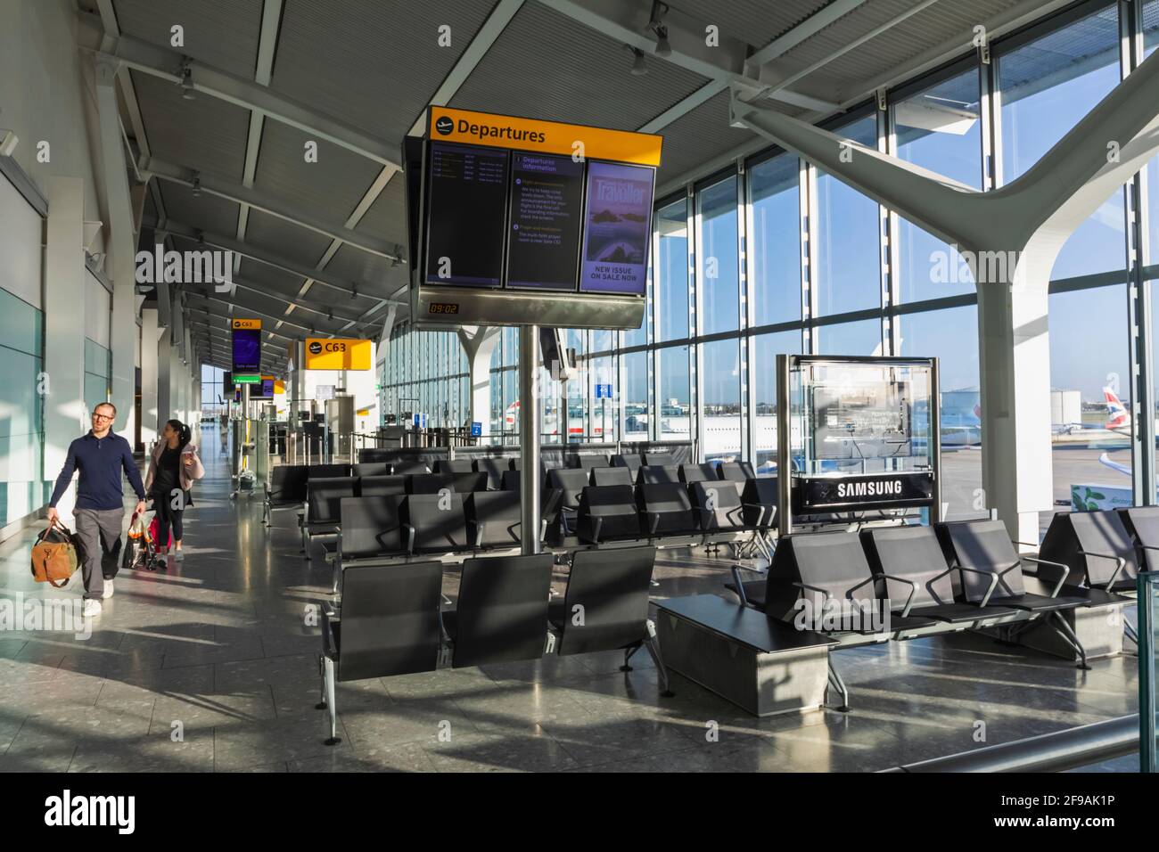 England, London, Heathrow Airport, Empty Flight Departure Lounge Stock Photo