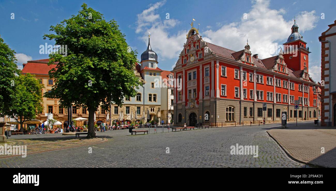 Main market and historic town hall (r), built between 1567 -1574, street restaurants, residential city of Gotha, Thuringia, Germany Stock Photo