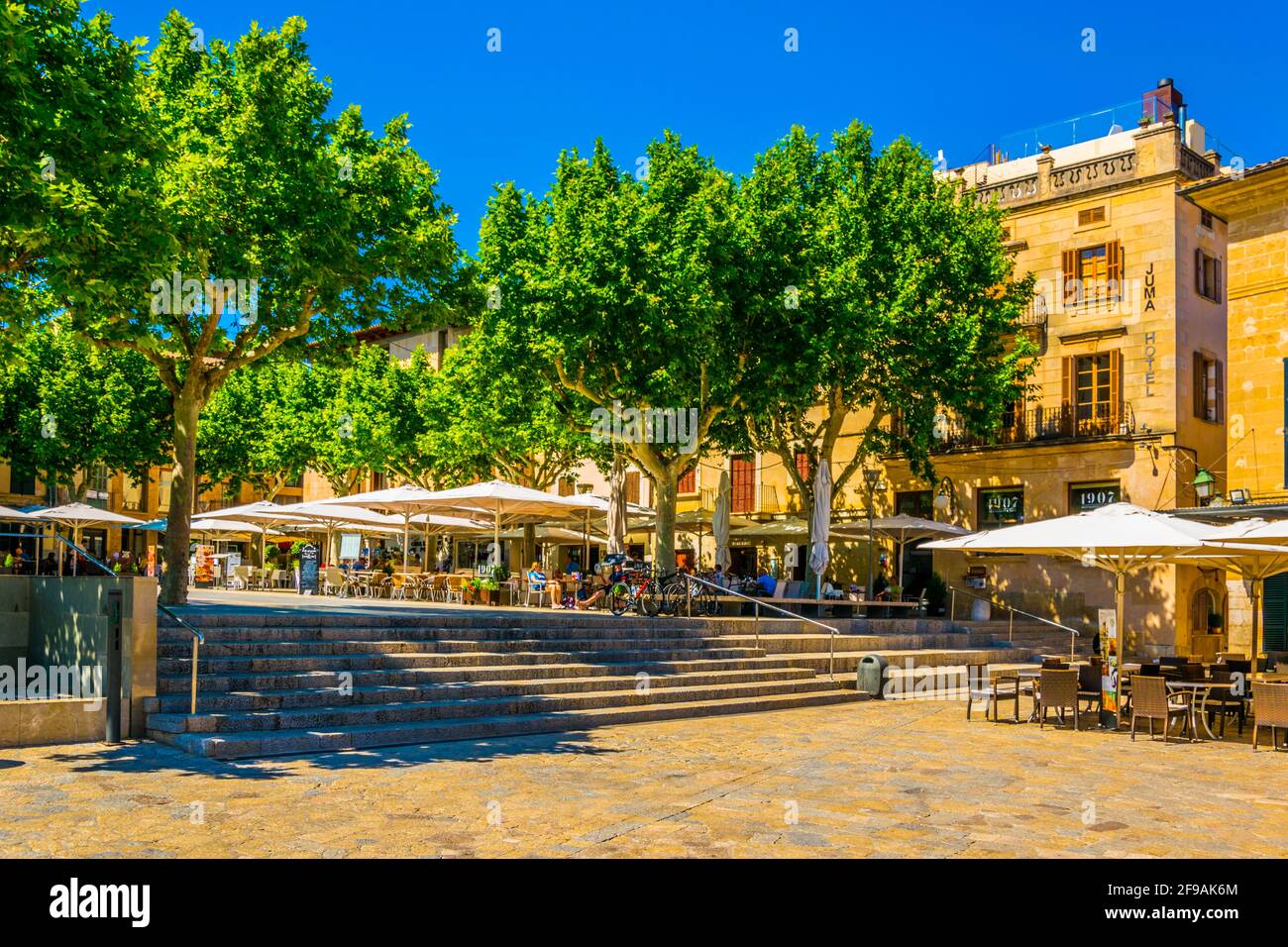 POLLENCA, SPAIN, MAY 25, 2017: Placa Major square at Pollenca, Mallorca ...